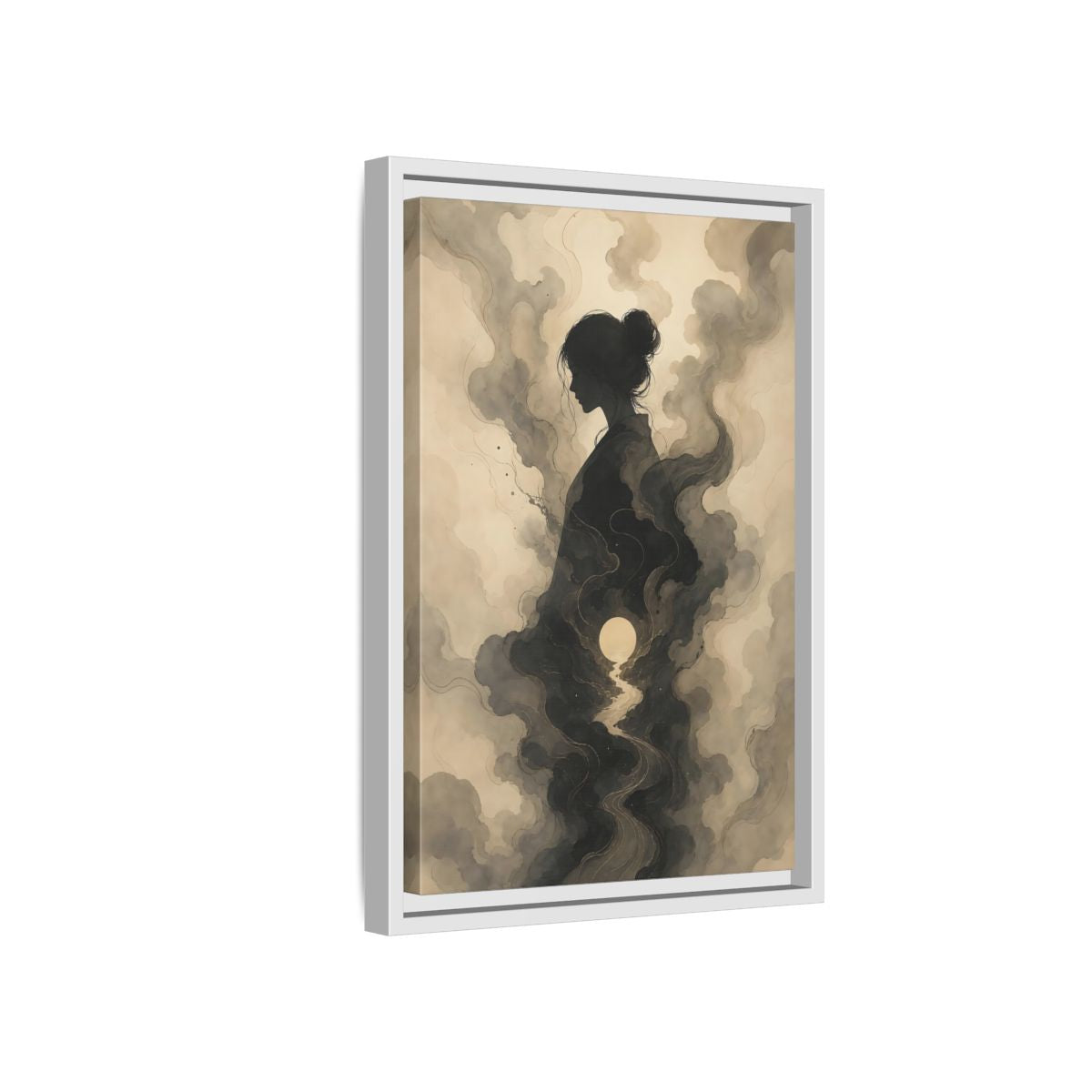 Side Mockup 4. Nature Woman Silhouette Sepia And Grey shown as stretched canvas wall art