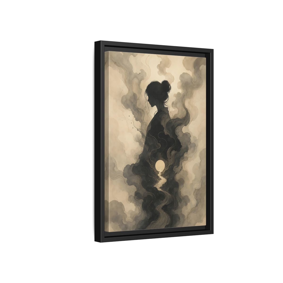 Side Mockup 6. Nature Woman Silhouette Sepia And Grey shown as stretched canvas wall art
