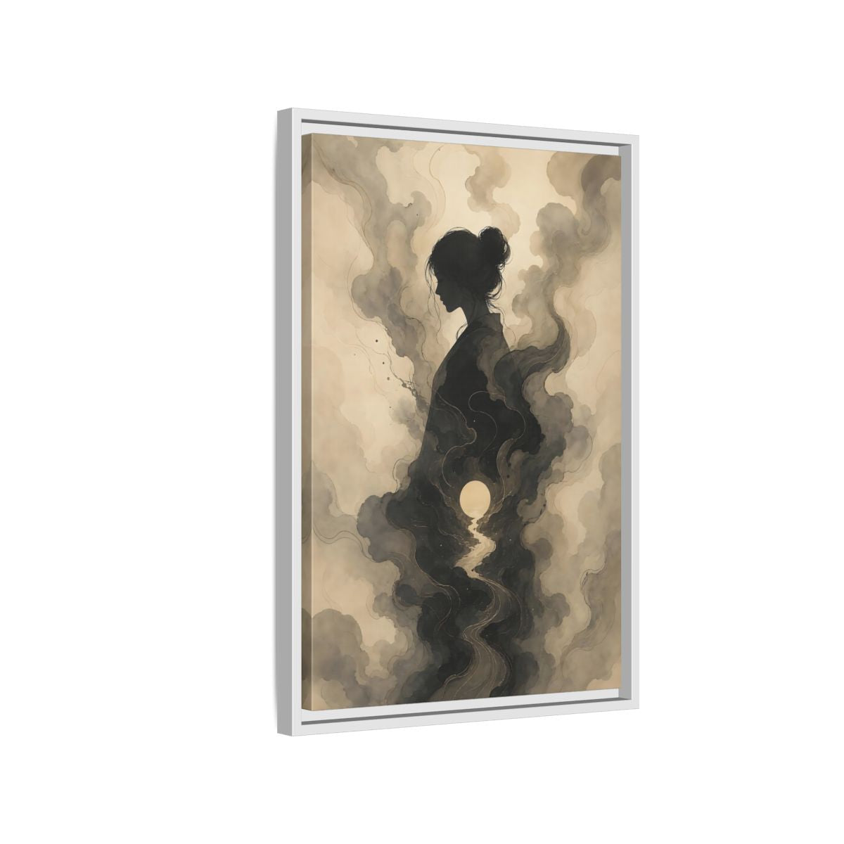 Side Mockup 1. Nature Woman Silhouette Sepia And Grey shown as stretched canvas wall art
