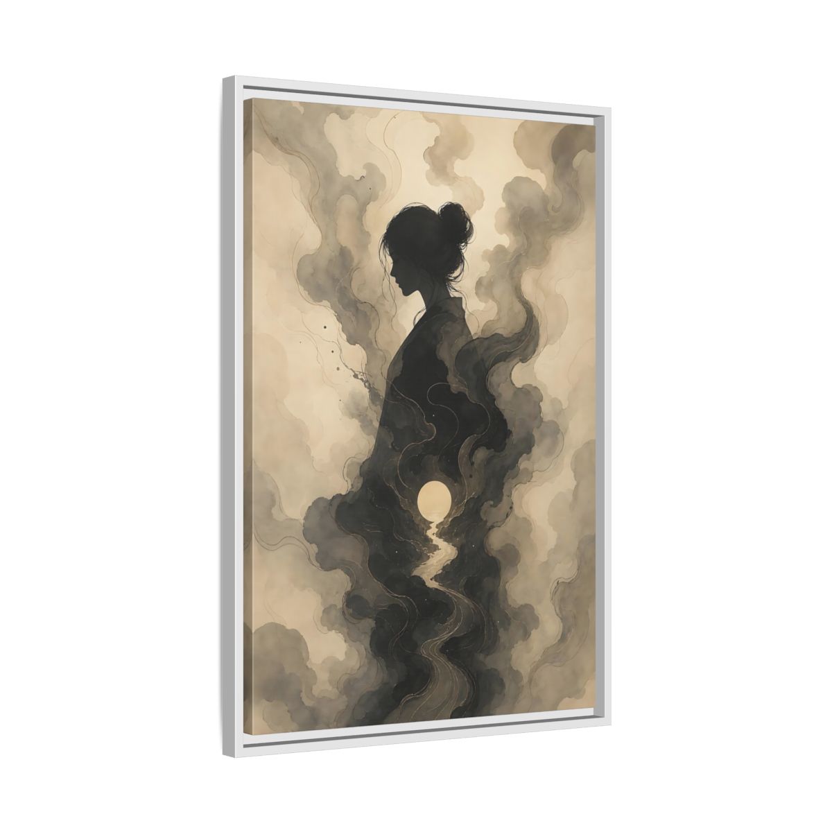 Side Mockup 10. Nature Woman Silhouette Sepia And Grey shown as stretched canvas wall art