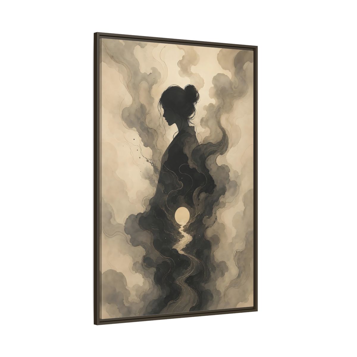 Side Mockup 8. Nature Woman Silhouette Sepia And Grey shown as stretched canvas wall art