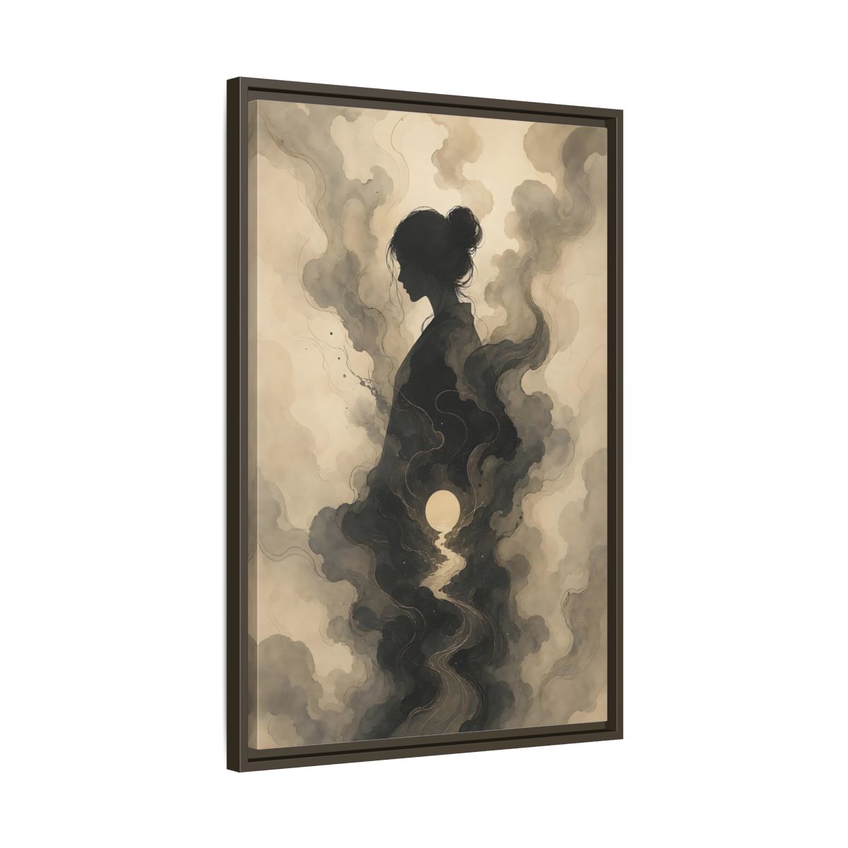 Side Mockup 11. Nature Woman Silhouette Sepia And Grey shown as stretched canvas wall art
