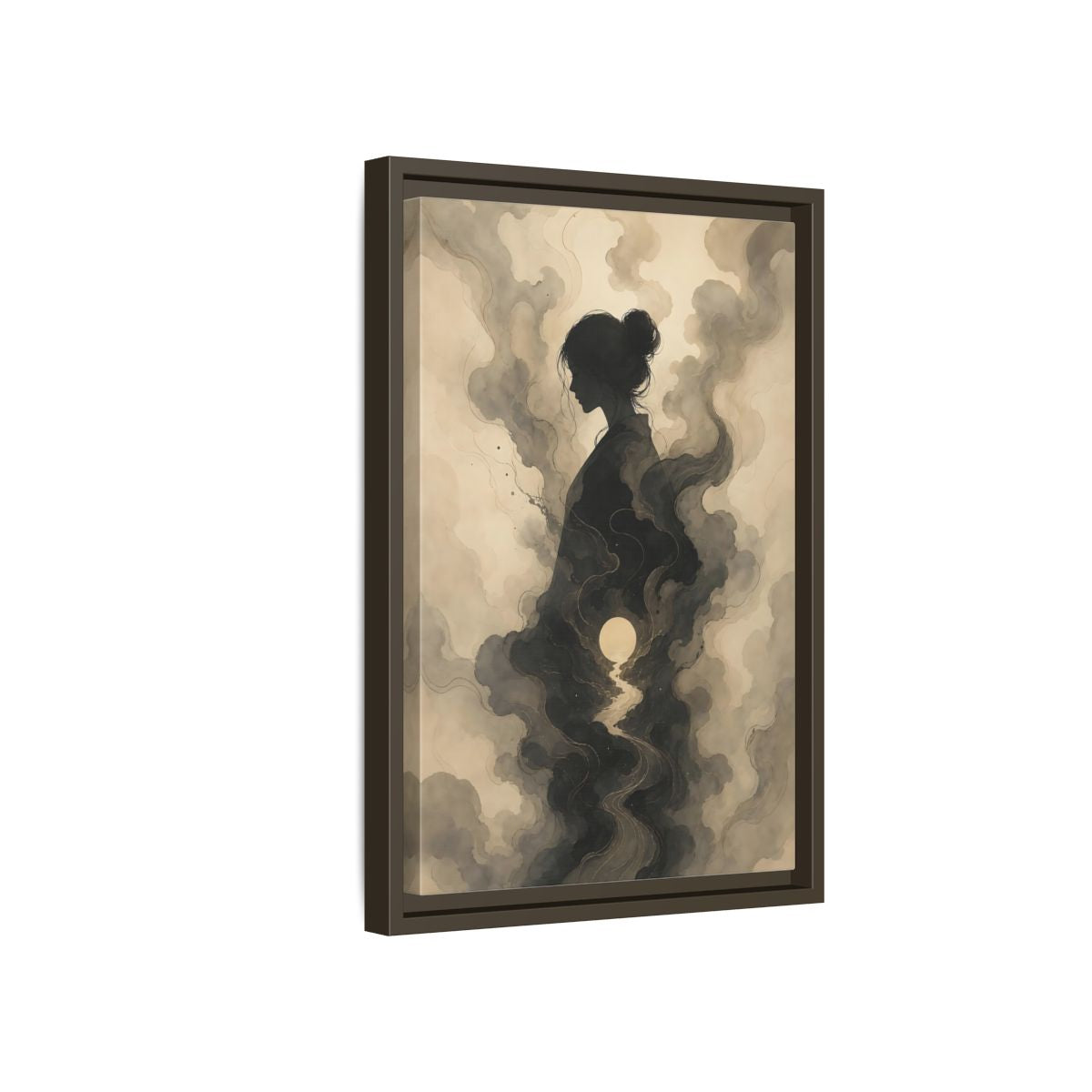 Side Mockup 5. Nature Woman Silhouette Sepia And Grey shown as stretched canvas wall art