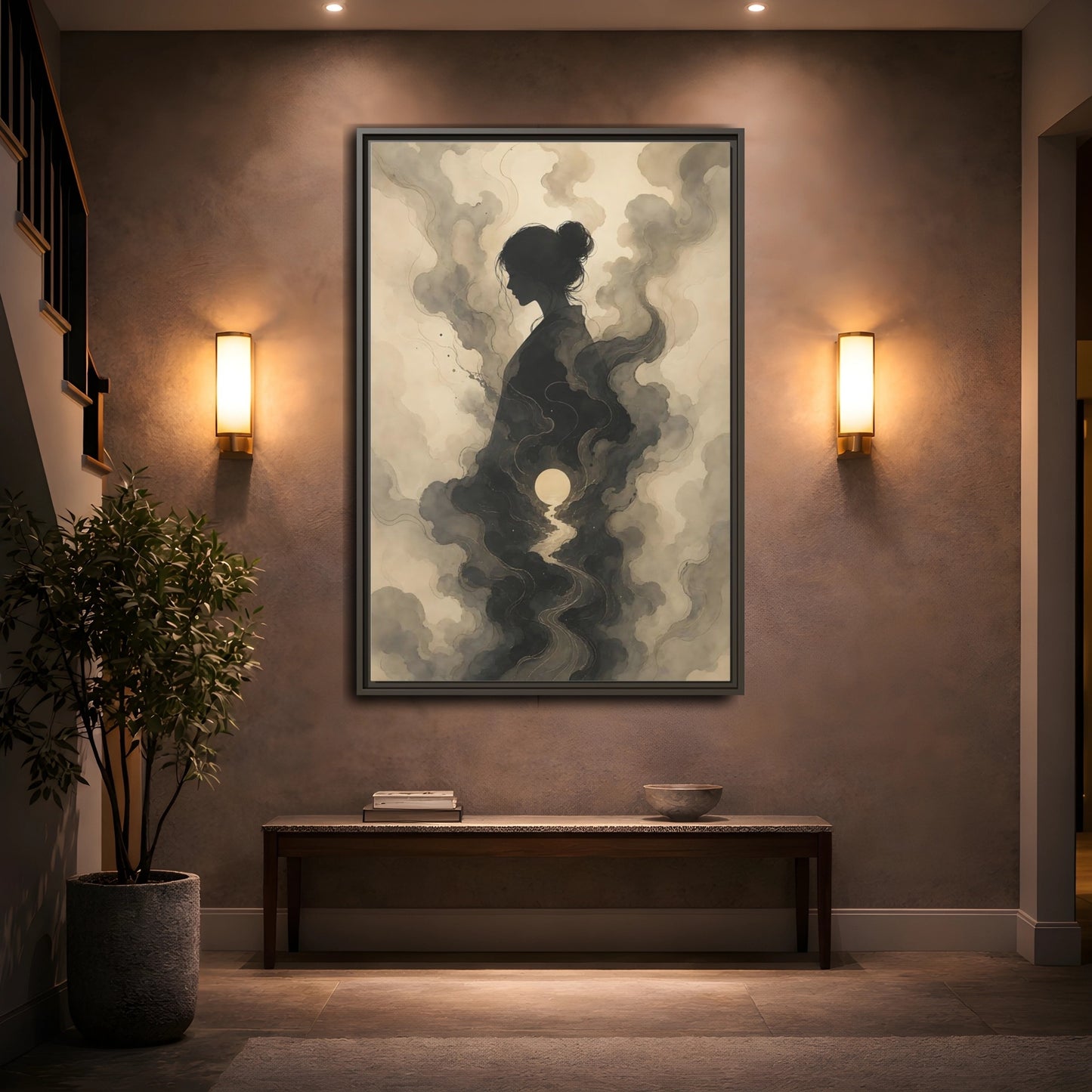 Mockup 2. Nature Woman Silhouette Sepia And Grey shown as stretched canvas wall art