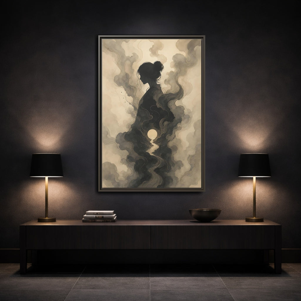 Mockup 3. Nature Woman Silhouette Sepia And Grey shown as stretched canvas wall art