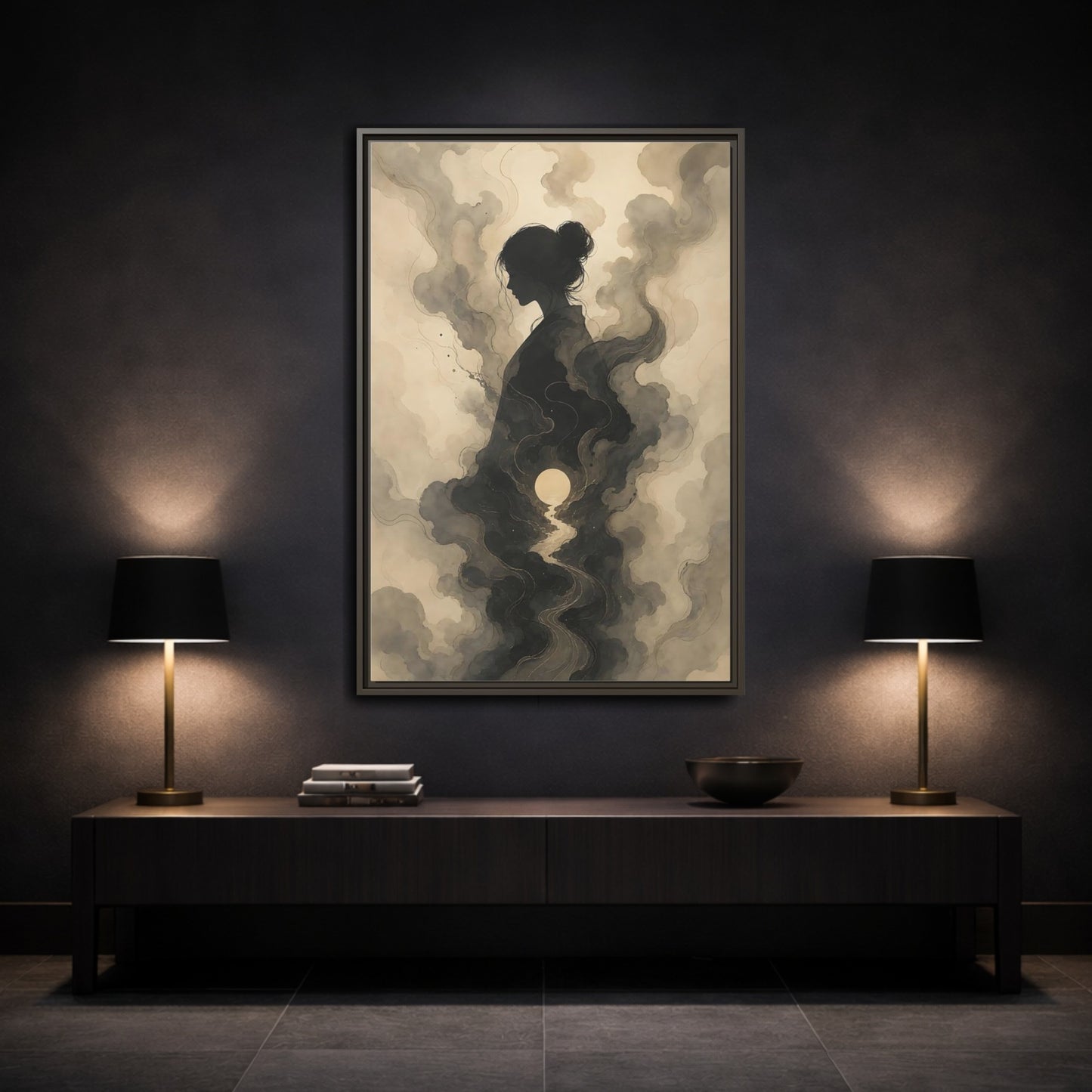 Mockup 3. Nature Woman Silhouette Sepia And Grey shown as stretched canvas wall art