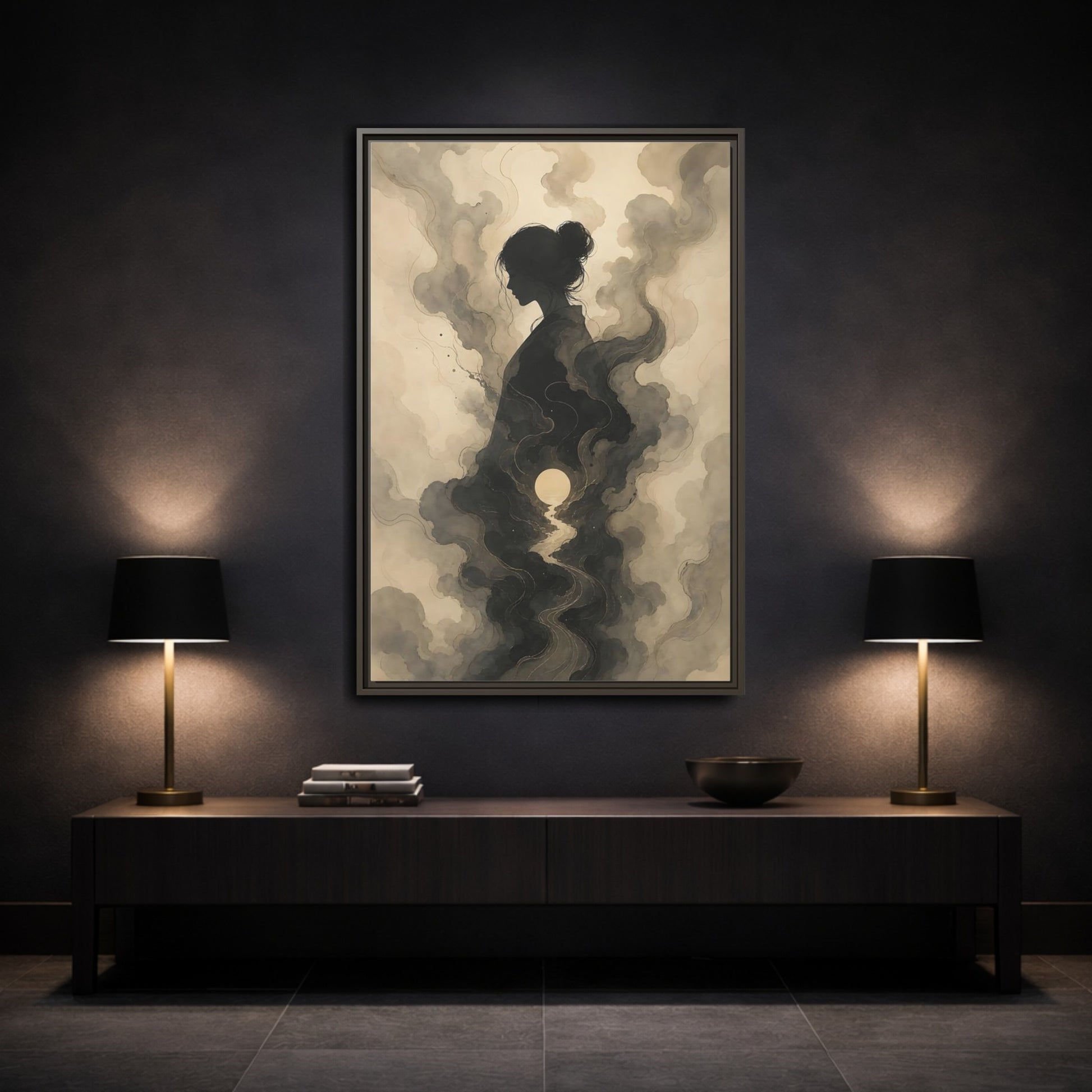 Mockup 3. Nature Woman Silhouette Sepia And Grey shown as stretched canvas wall art