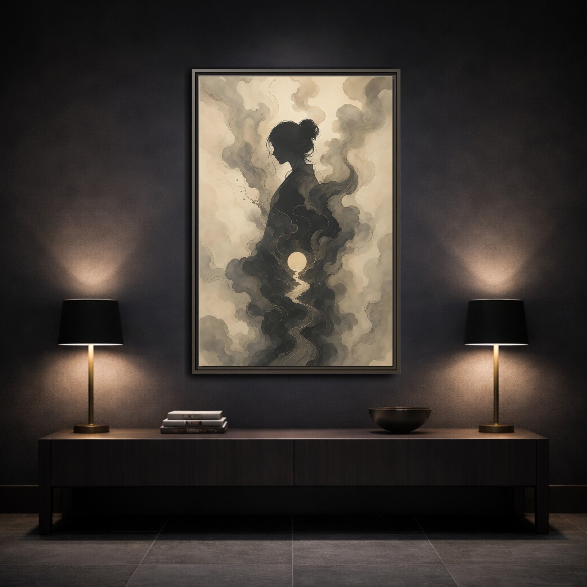 Mockup 3. Nature Woman Silhouette Sepia And Grey shown as stretched canvas wall art