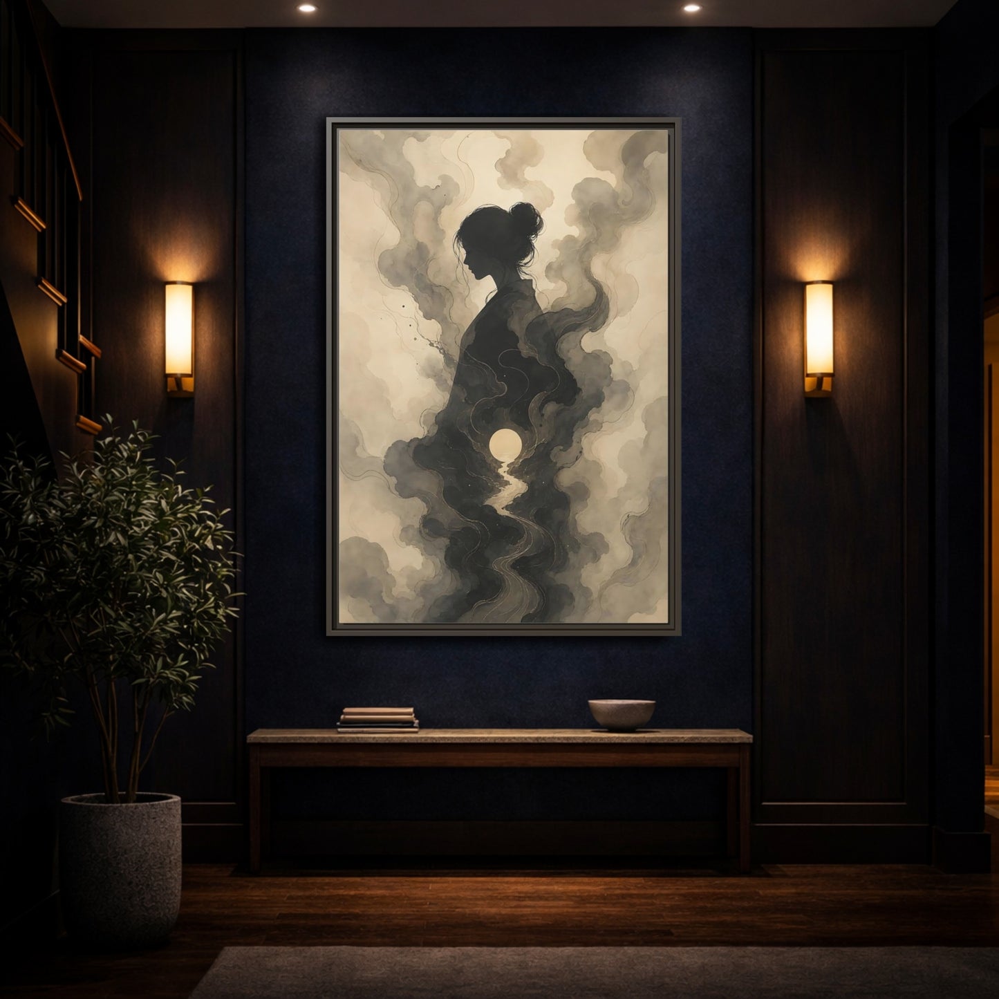 Mockup 4. Nature Woman Silhouette Sepia And Grey shown as stretched canvas wall art