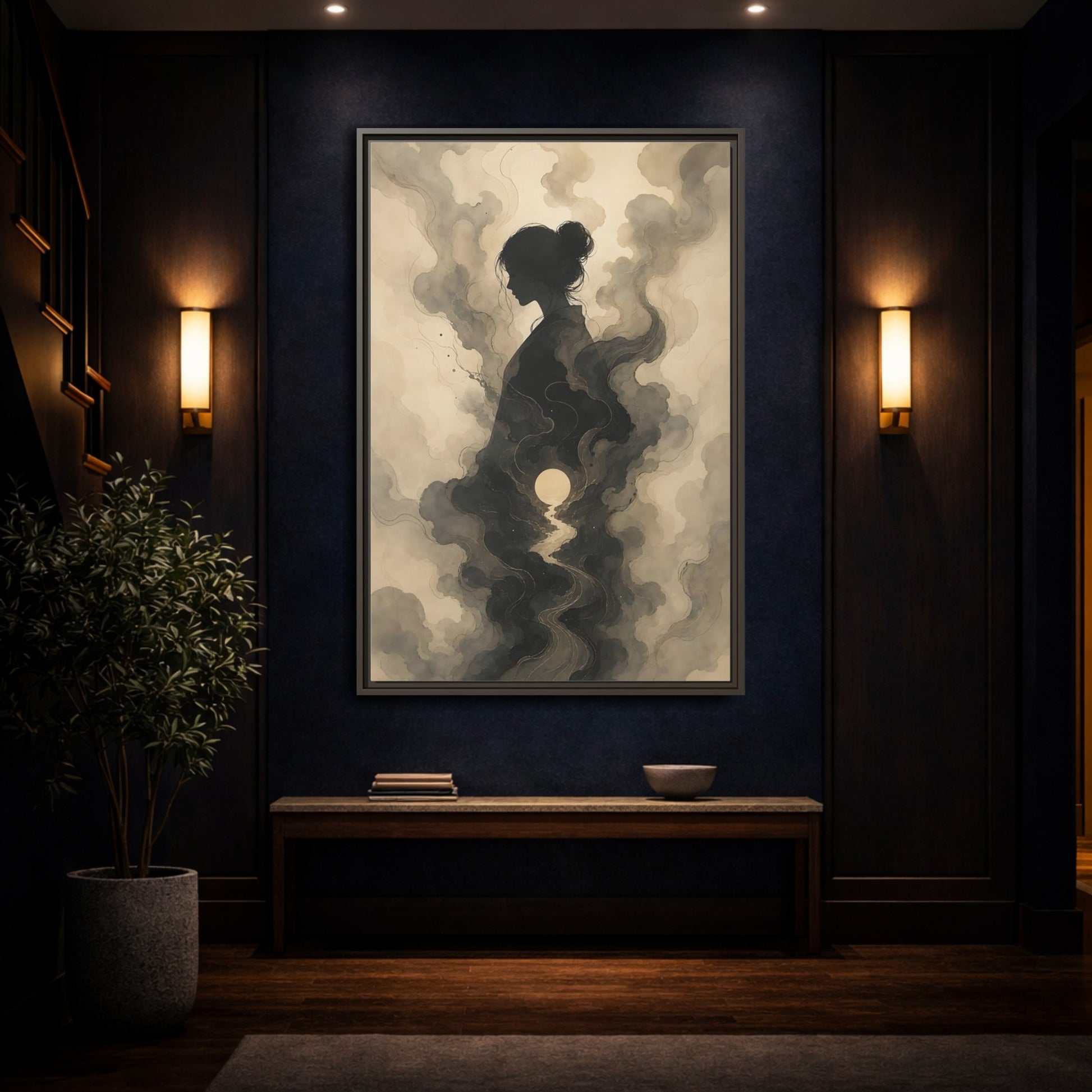 Mockup 4. Nature Woman Silhouette Sepia And Grey shown as stretched canvas wall art
