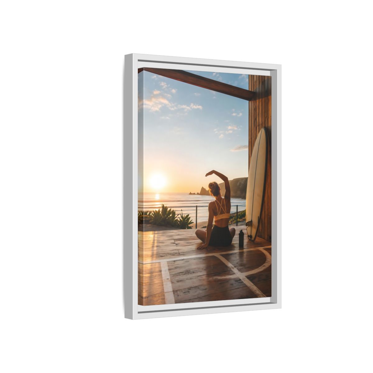 Side Mockup 4. Nature Woman Stretching Sunset Yoga shown as framed canvas print