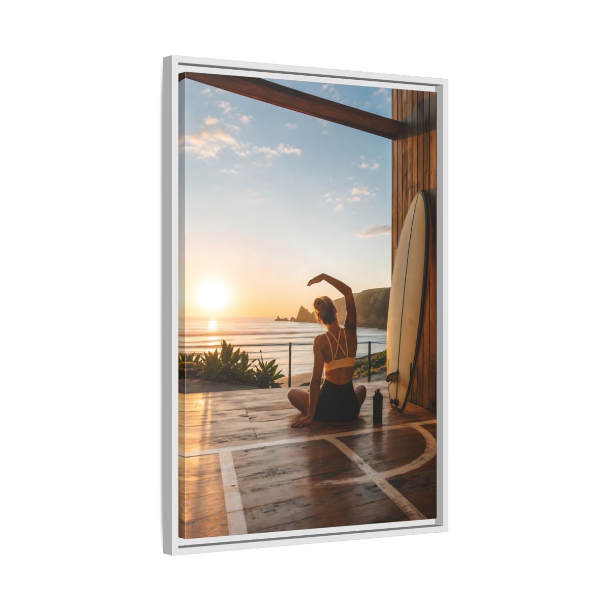 Side Mockup 10. Nature Woman Stretching Sunset Yoga shown as framed canvas print