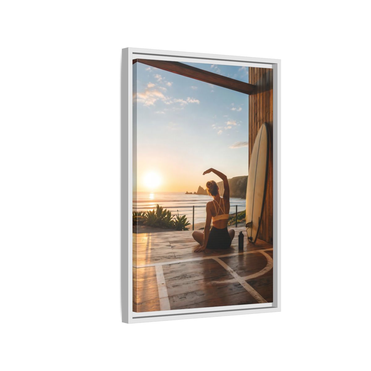 Side Mockup 1. Nature Woman Stretching Sunset Yoga shown as framed canvas print