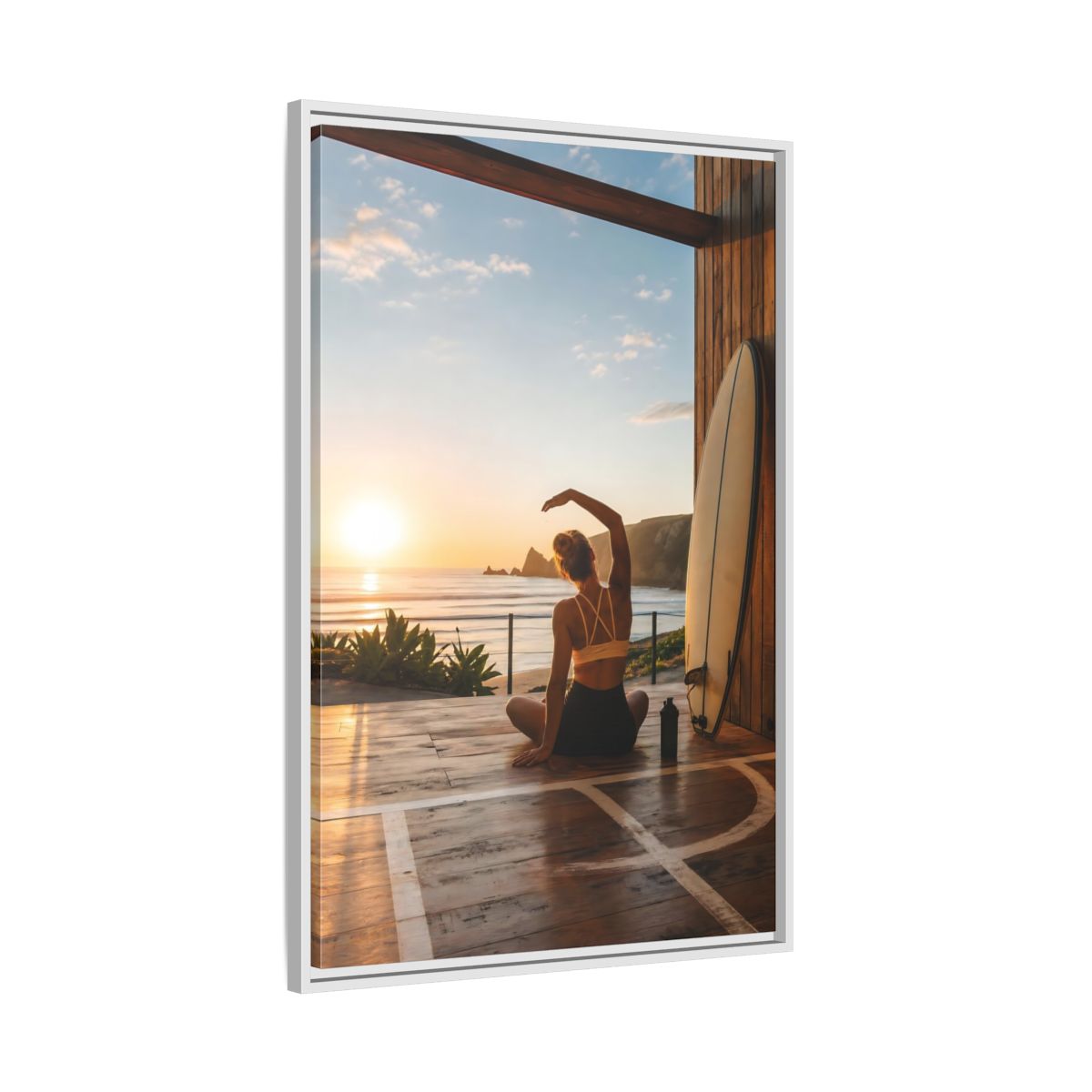 Side Mockup 9. Nature Woman Stretching Sunset Yoga shown as framed canvas print