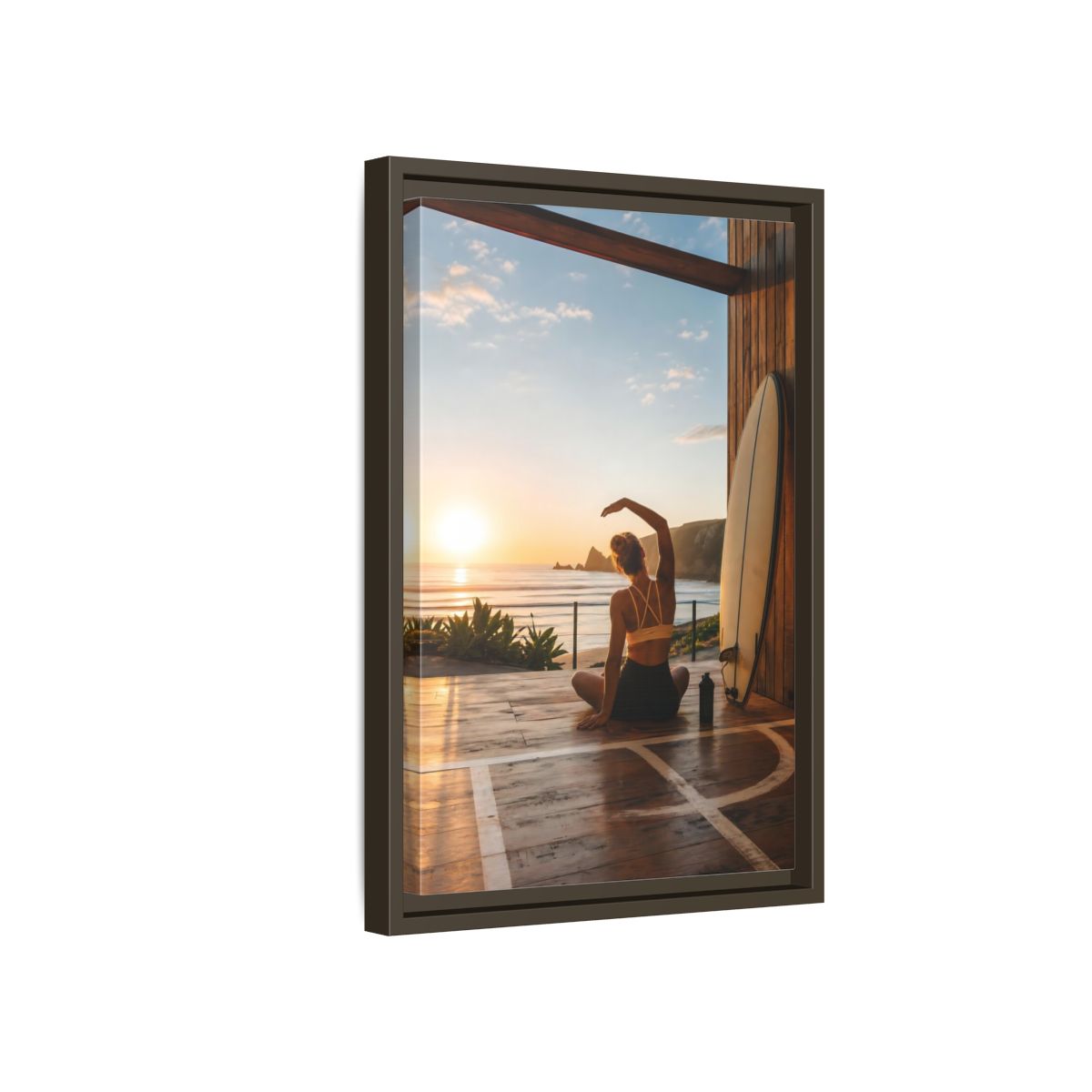 Side Mockup 5. Nature Woman Stretching Sunset Yoga shown as framed canvas print