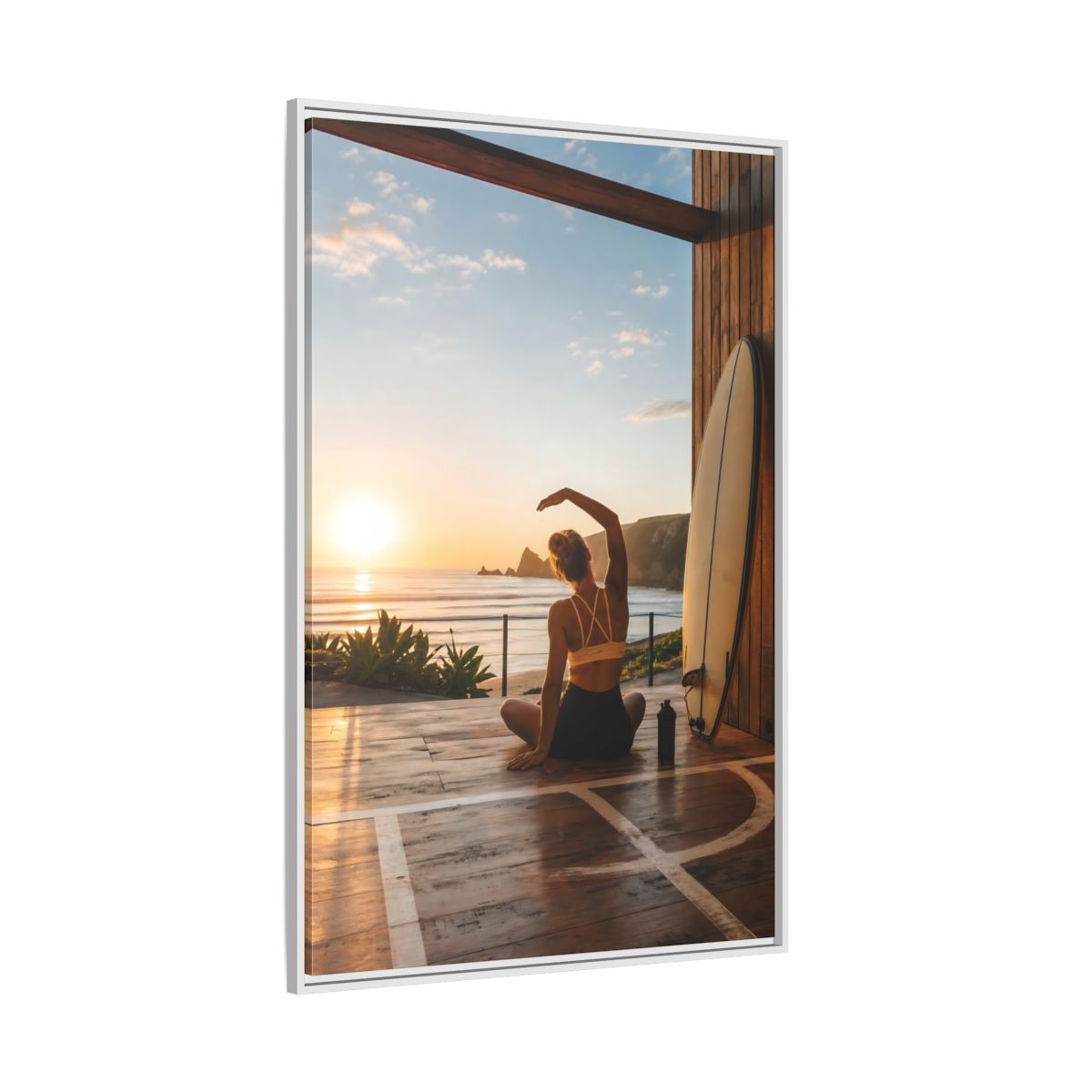 Side Mockup 7. Nature Woman Stretching Sunset Yoga shown as framed canvas print