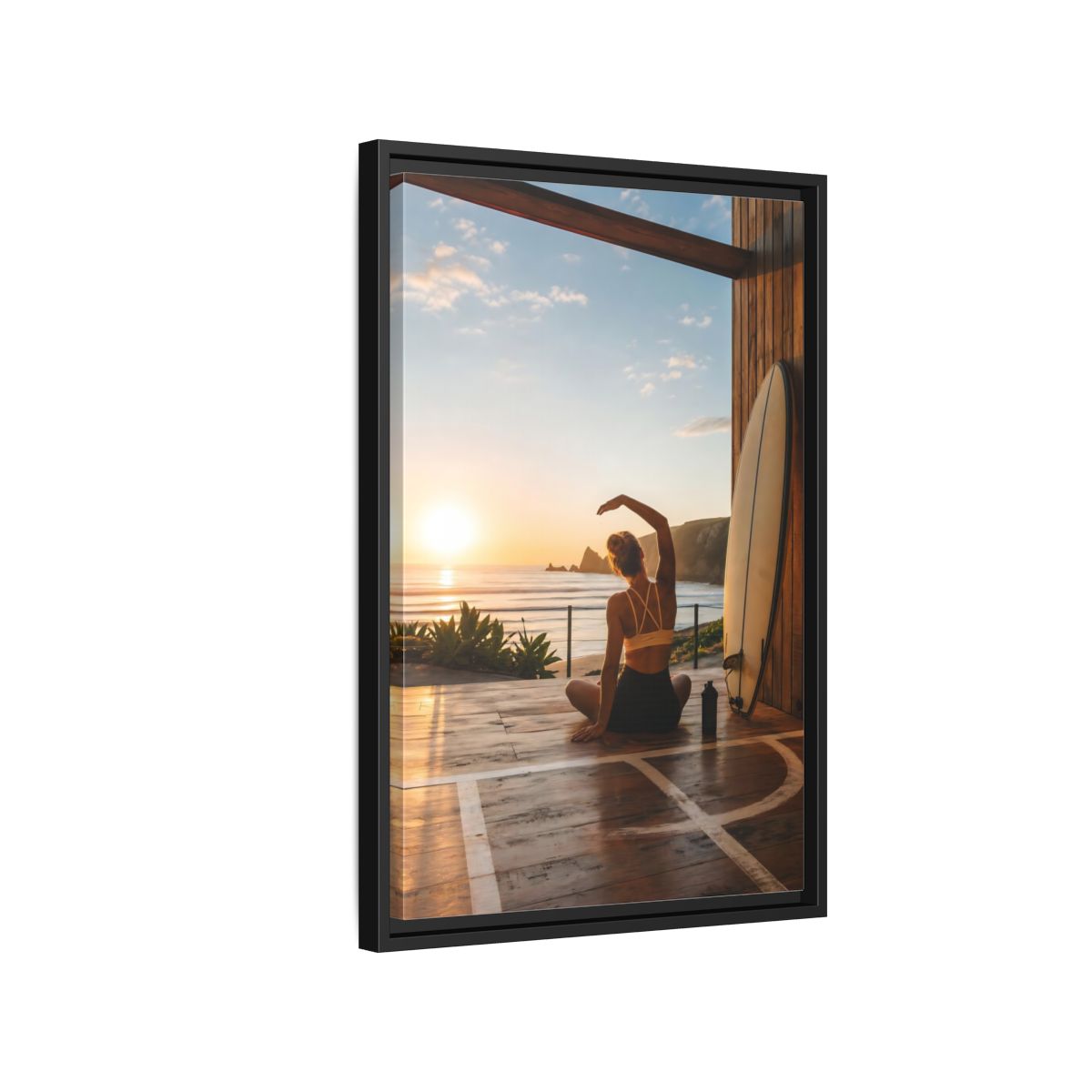 Side Mockup 3. Nature Woman Stretching Sunset Yoga shown as framed canvas print