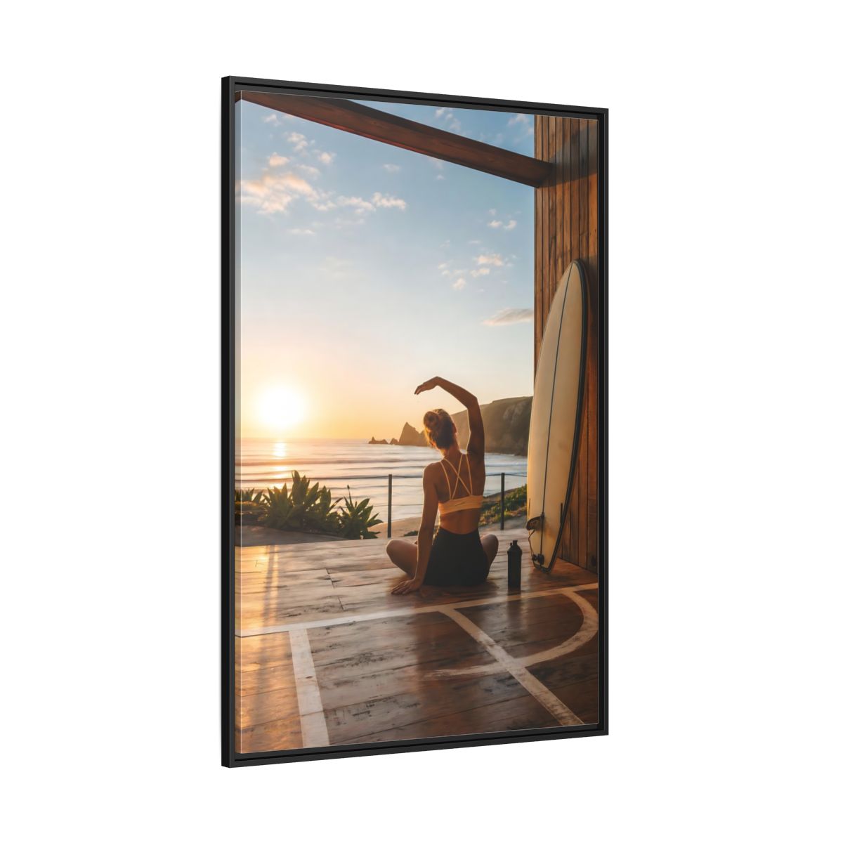 Side Mockup 12. Nature Woman Stretching Sunset Yoga shown as framed canvas print