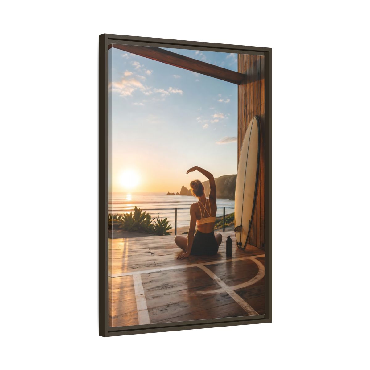 Side Mockup 11. Nature Woman Stretching Sunset Yoga shown as framed canvas print