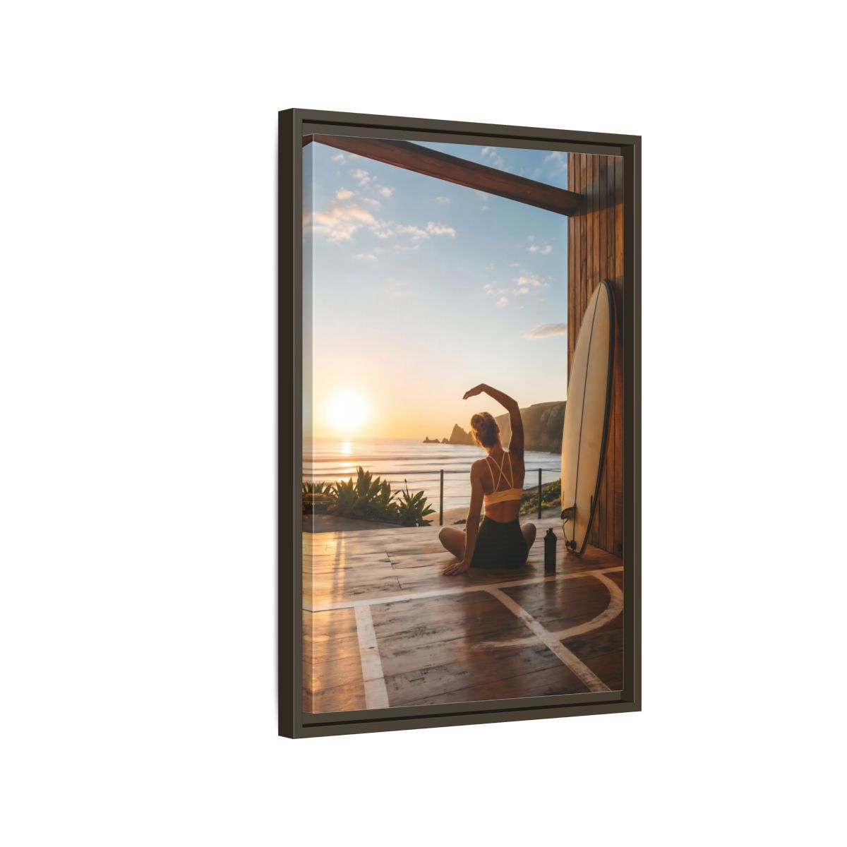 Side Mockup 2. Nature Woman Stretching Sunset Yoga shown as framed canvas print