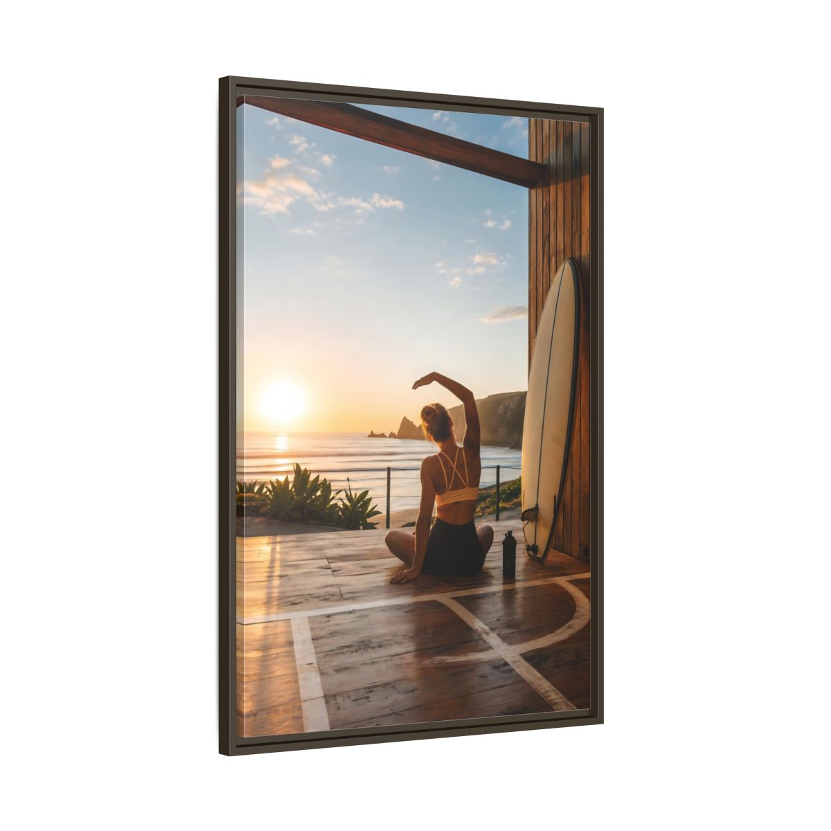 Main Mockup. Nature Woman Stretching Sunset Yoga shown as framed canvas print