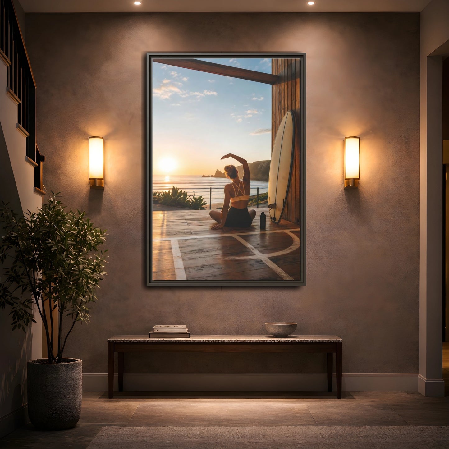 Mockup 2. Nature Woman Stretching Sunset Yoga shown as framed canvas print