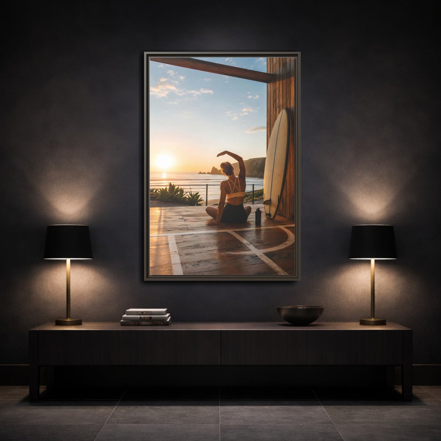 Mockup 3. Nature Woman Stretching Sunset Yoga shown as framed canvas print