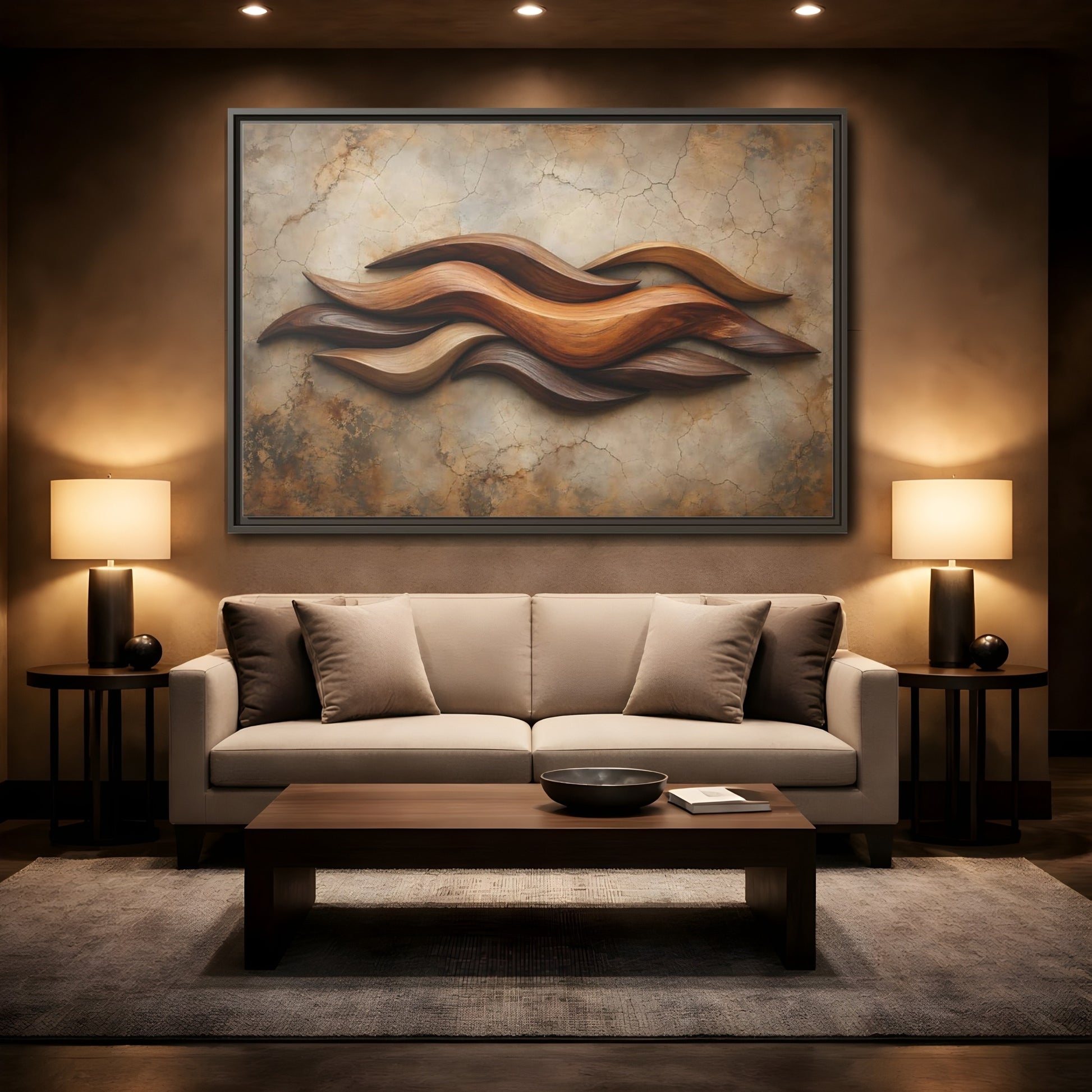 Mockup 2. Nature Wood Waves Brown Wood Waves shown as stretched canvas wall art