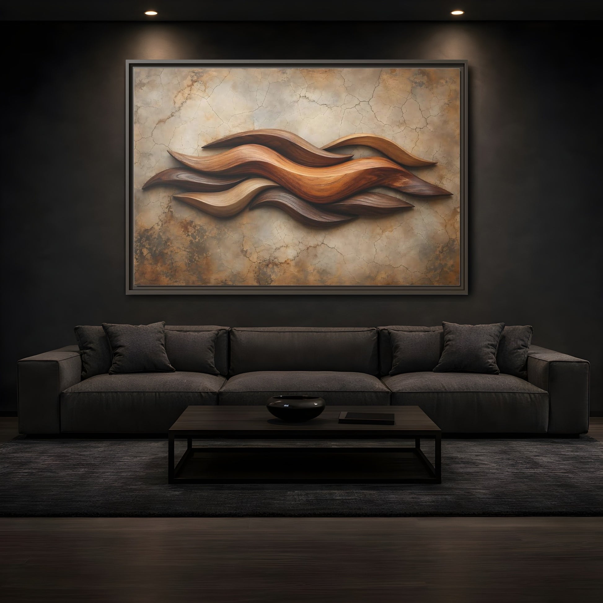 Mockup 3. Nature Wood Waves Brown Wood Waves shown as stretched canvas wall art