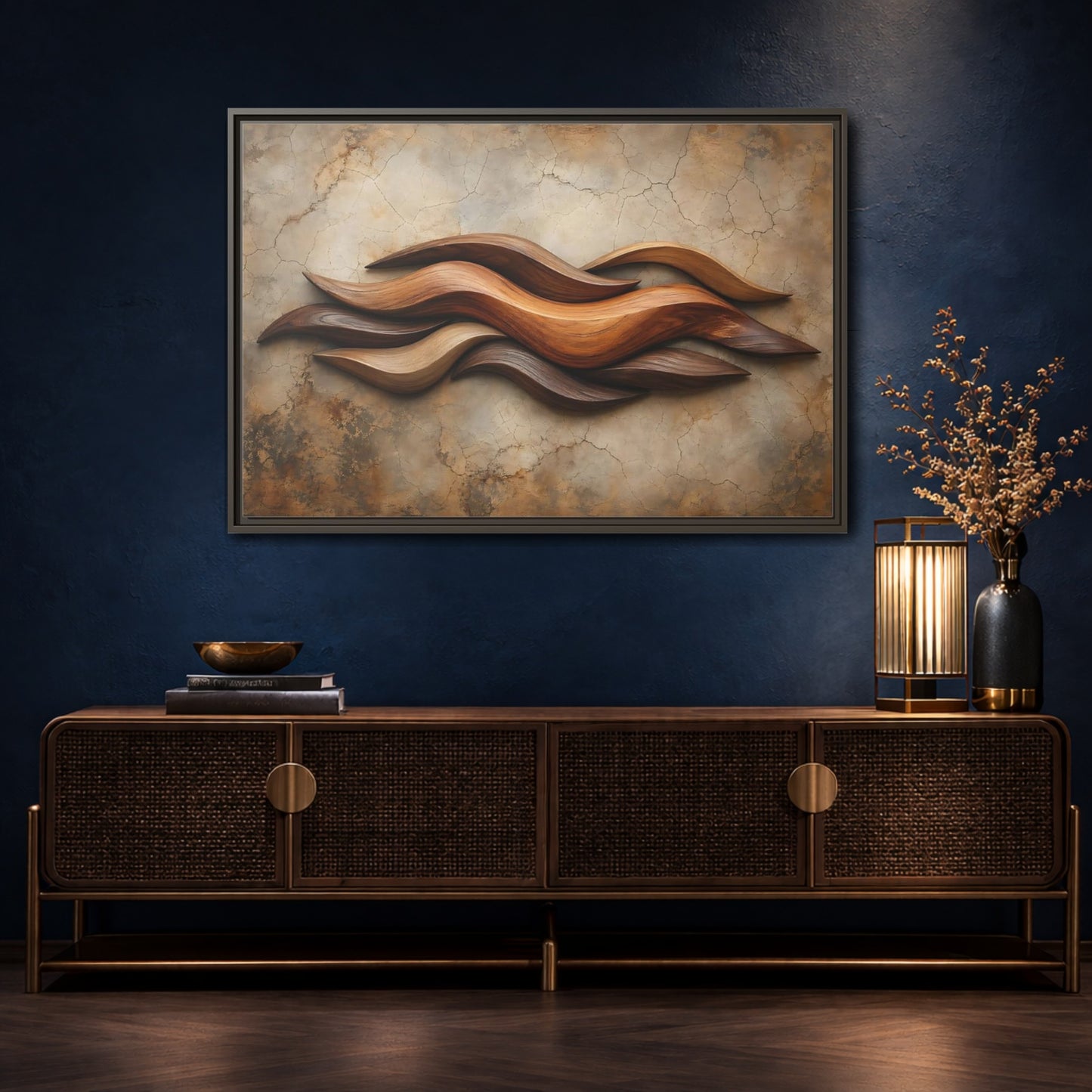 Mockup 4. Nature Wood Waves Brown Wood Waves shown as stretched canvas wall art