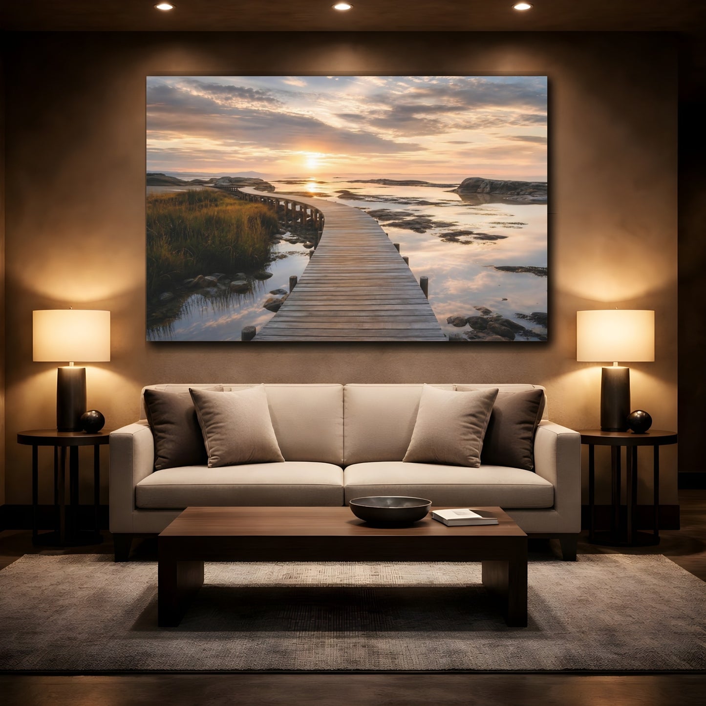 Mockup 2. Nature Wooden Boardwalk Golden Sunset Boardwalk shown as stretched canvas wall art