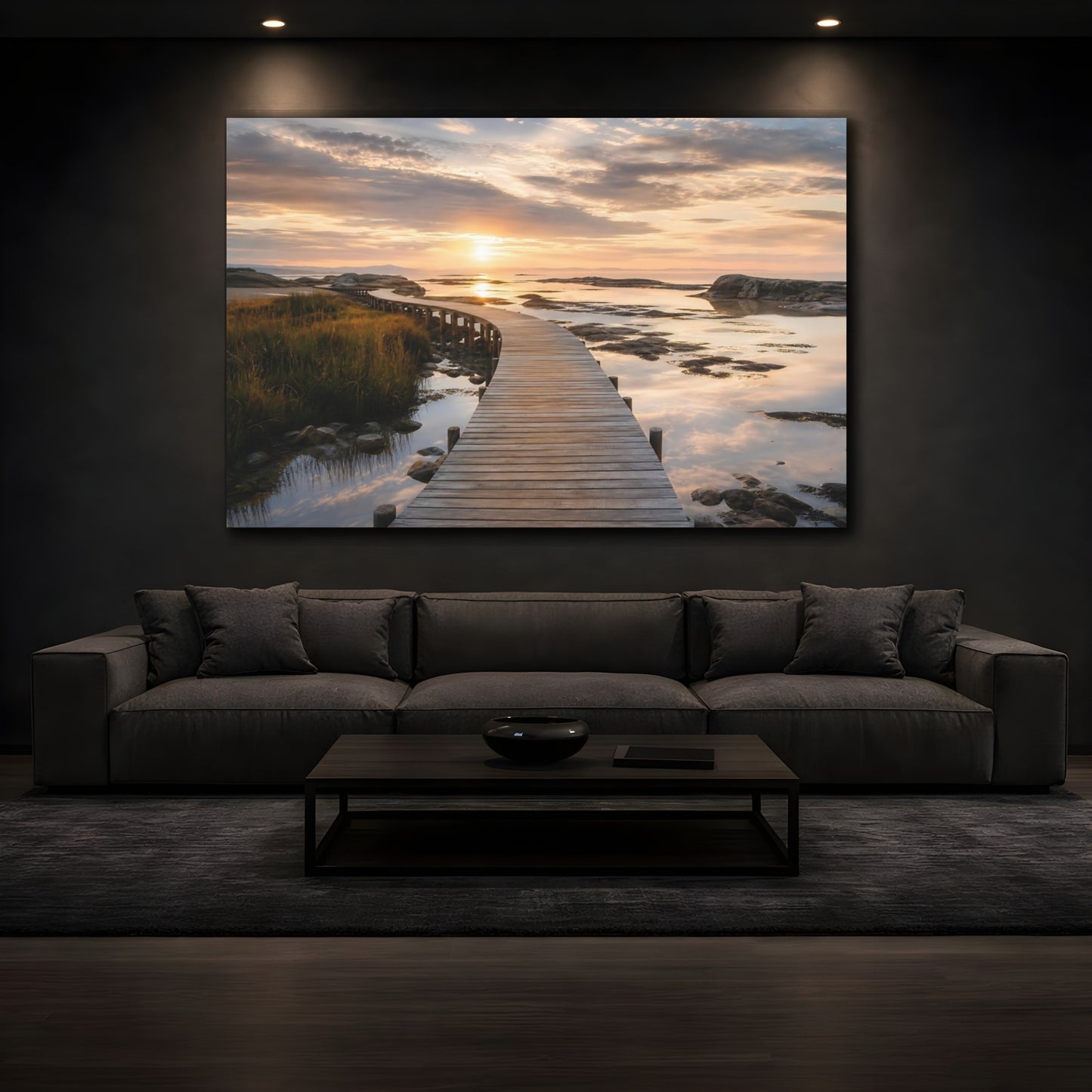 Mockup 3. Nature Wooden Boardwalk Golden Sunset Boardwalk shown as stretched canvas wall art
