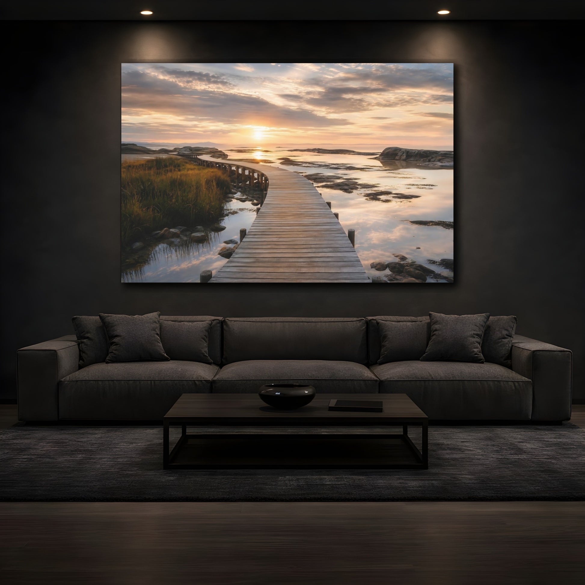 Mockup 3. Nature Wooden Boardwalk Golden Sunset Boardwalk shown as stretched canvas wall art