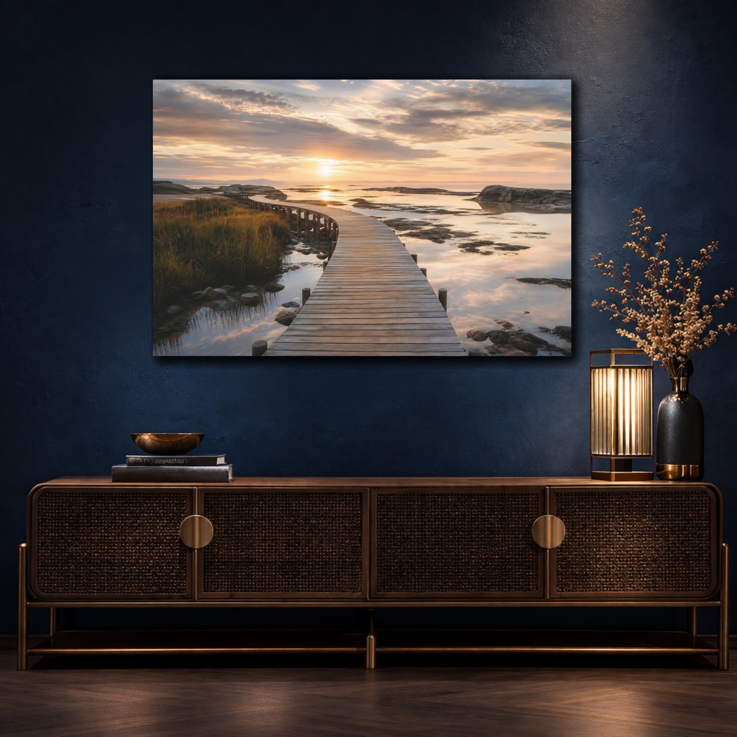 Mockup 4. Nature Wooden Boardwalk Golden Sunset Boardwalk shown as stretched canvas wall art