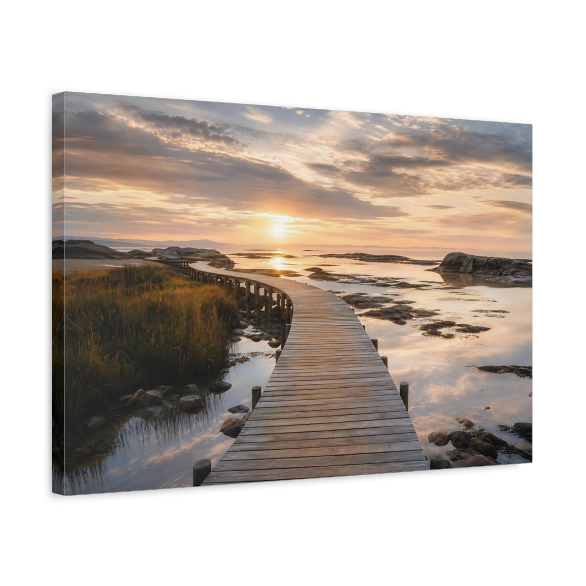 Side Mockup 3. Nature Wooden Boardwalk Golden Sunset Boardwalk shown as stretched canvas wall art