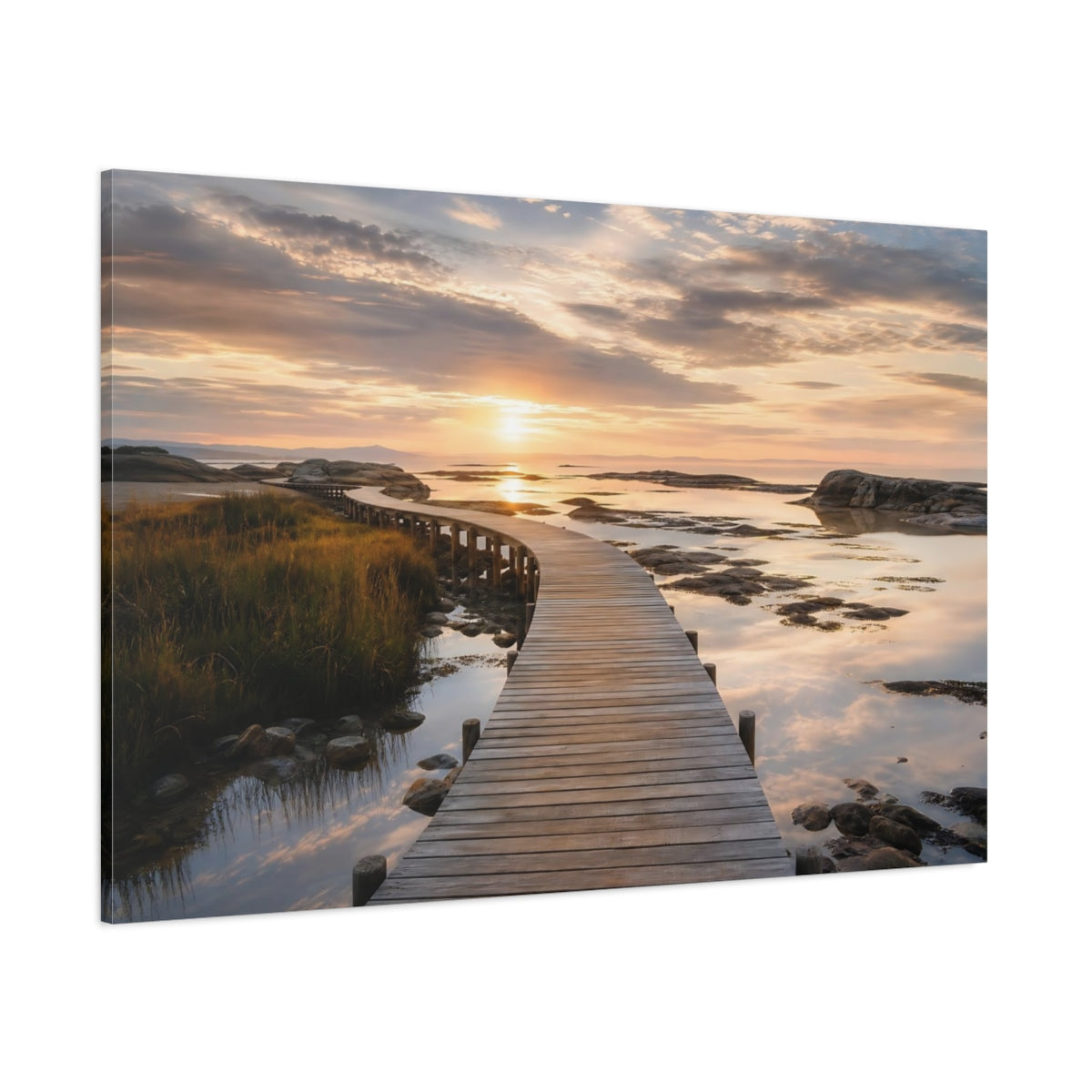 Side Mockup 1. Nature Wooden Boardwalk Golden Sunset Boardwalk shown as stretched canvas wall art