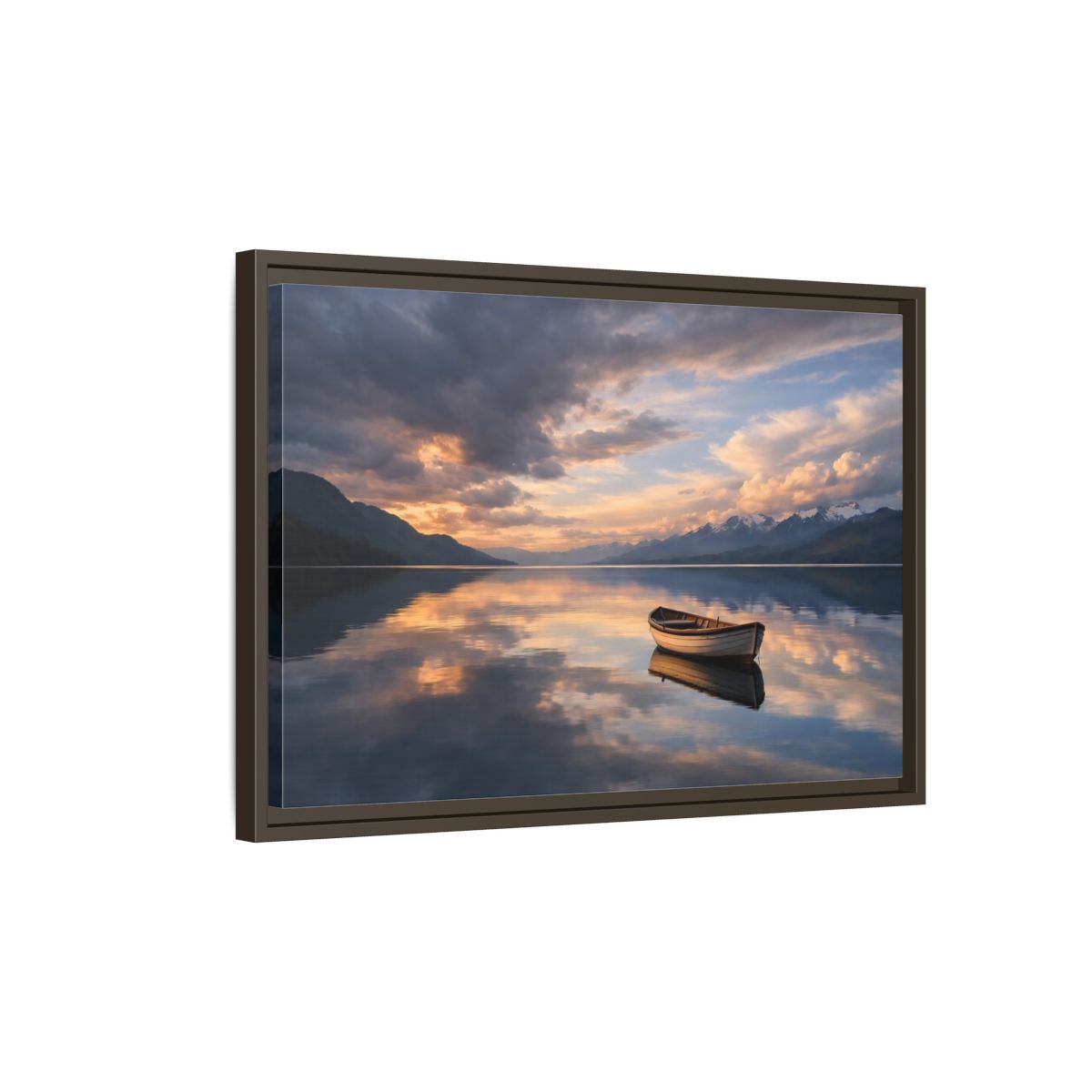 Side Mockup 2. Nature Wooden Boat Orange And Blue Landscape shown as stretched canvas wall art