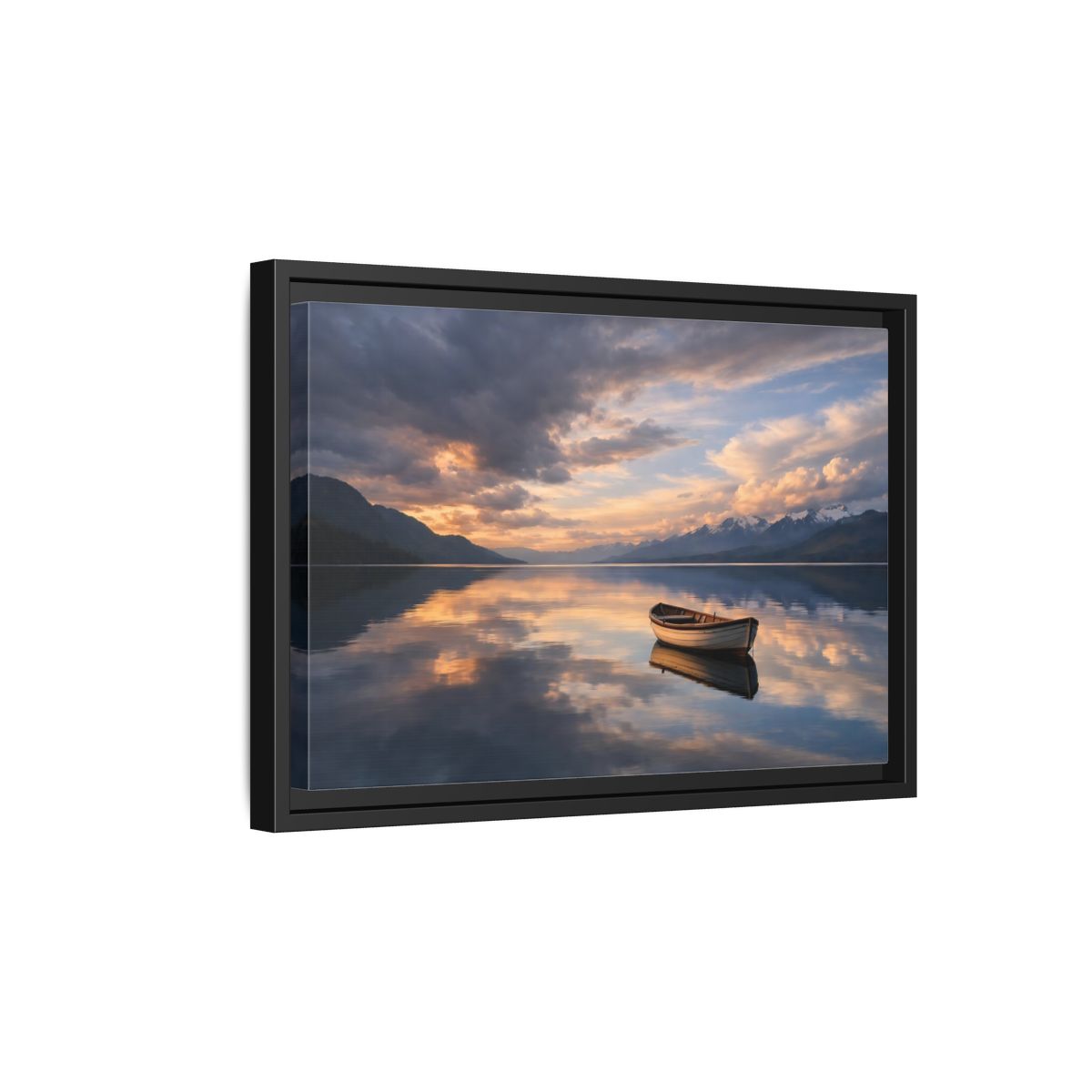Side Mockup 6. Nature Wooden Boat Orange And Blue Landscape shown as stretched canvas wall art