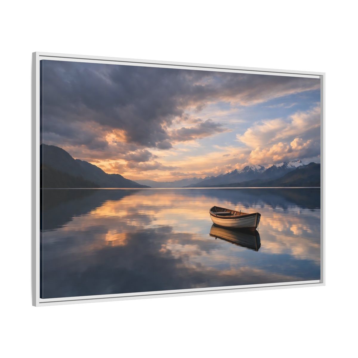 Side Mockup 7. Nature Wooden Boat Orange And Blue Landscape shown as stretched canvas wall art