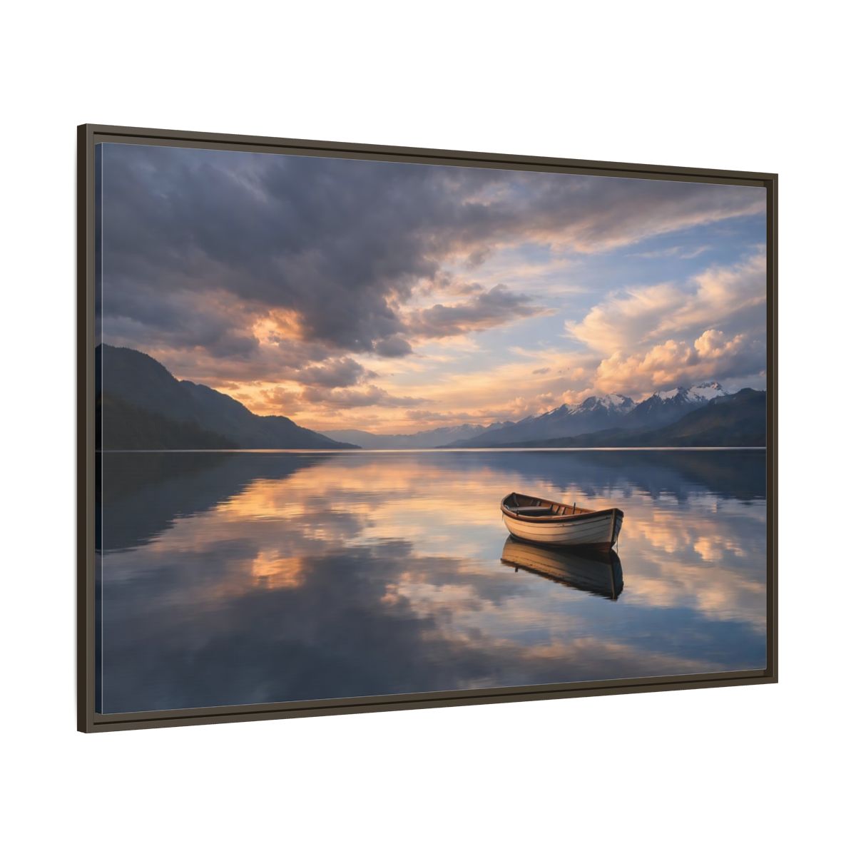 Side Mockup 8. Nature Wooden Boat Orange And Blue Landscape shown as stretched canvas wall art