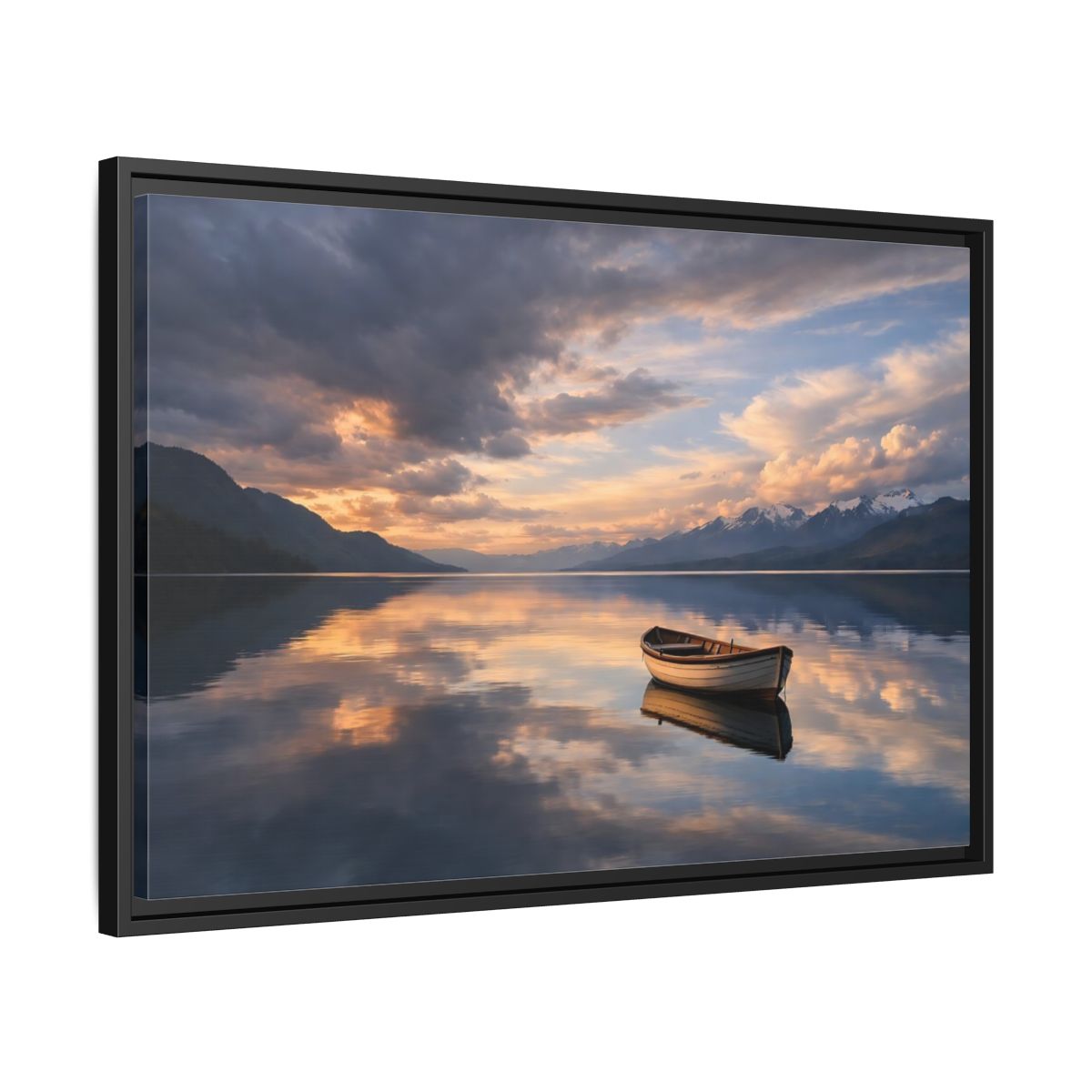 Side Mockup 14. Nature Wooden Boat Orange And Blue Landscape shown as stretched canvas wall art