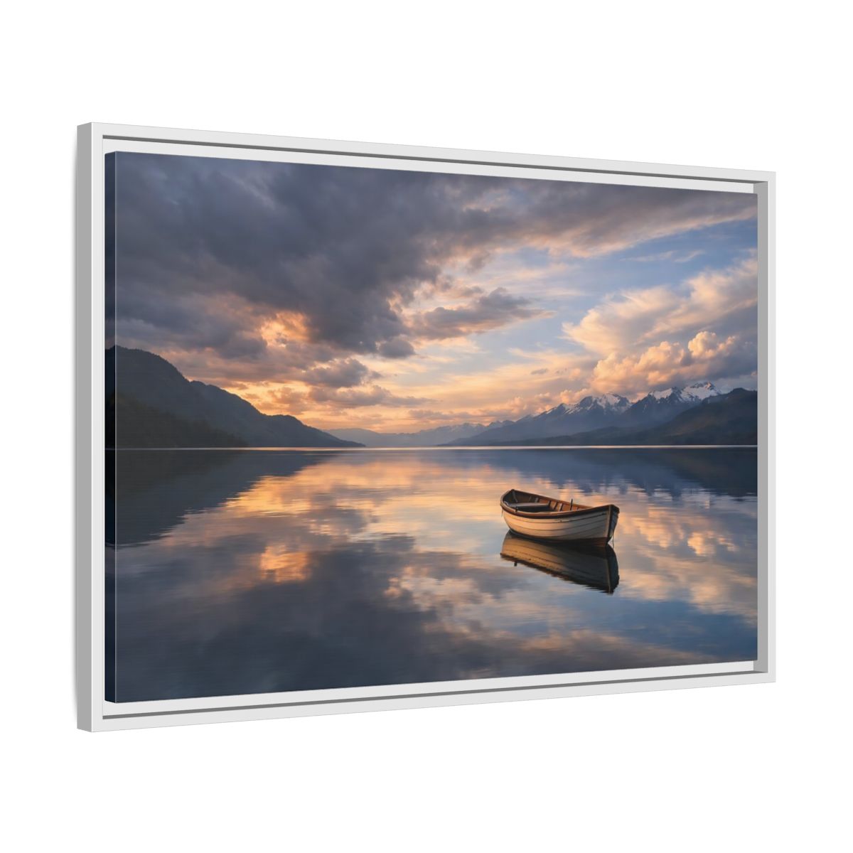 Side Mockup 10. Nature Wooden Boat Orange And Blue Landscape shown as stretched canvas wall art