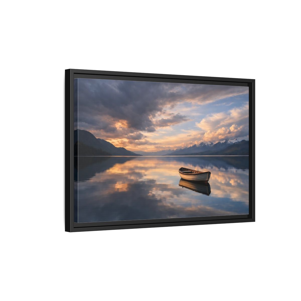 Side Mockup 3. Nature Wooden Boat Orange And Blue Landscape shown as stretched canvas wall art