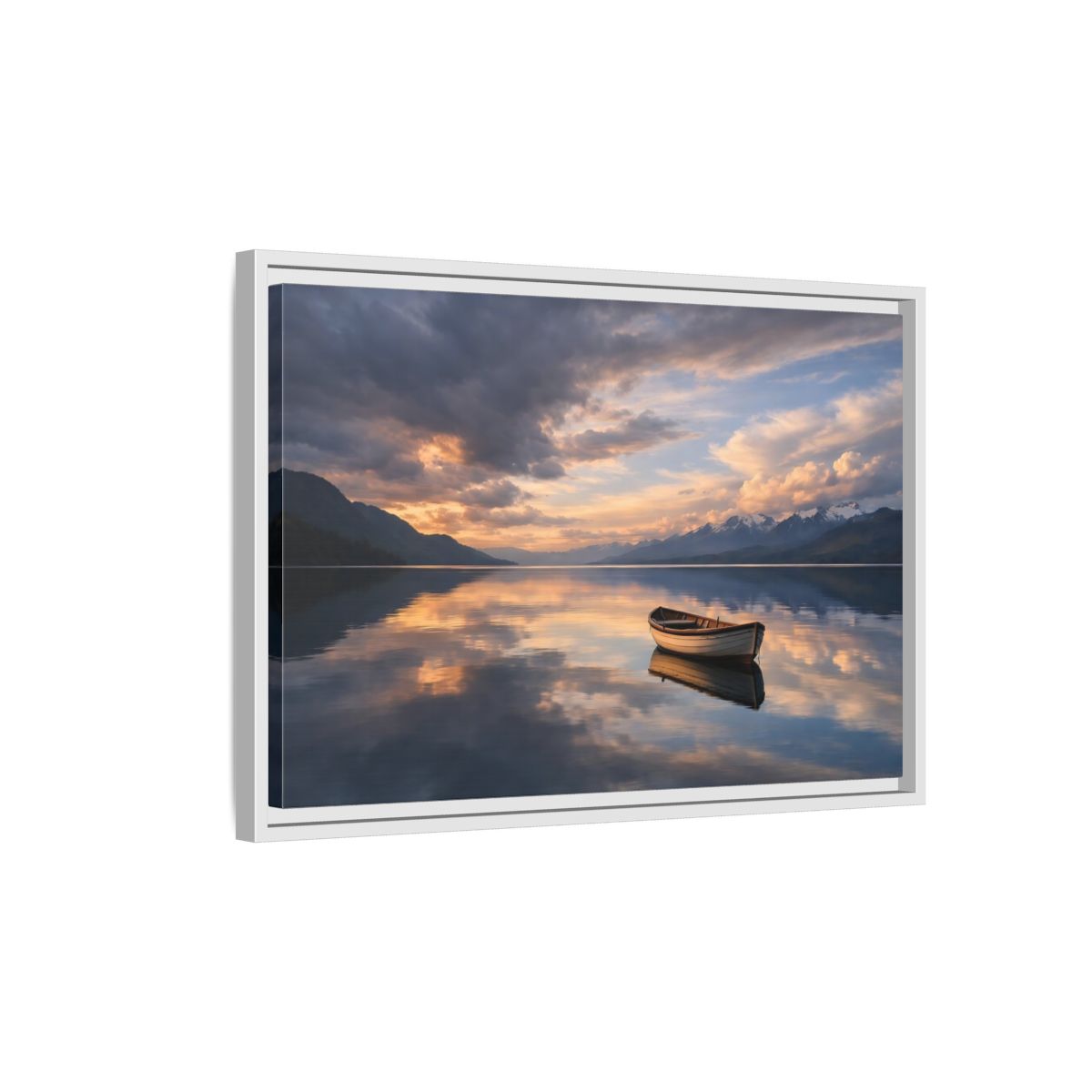 Side Mockup 1. Nature Wooden Boat Orange And Blue Landscape shown as stretched canvas wall art