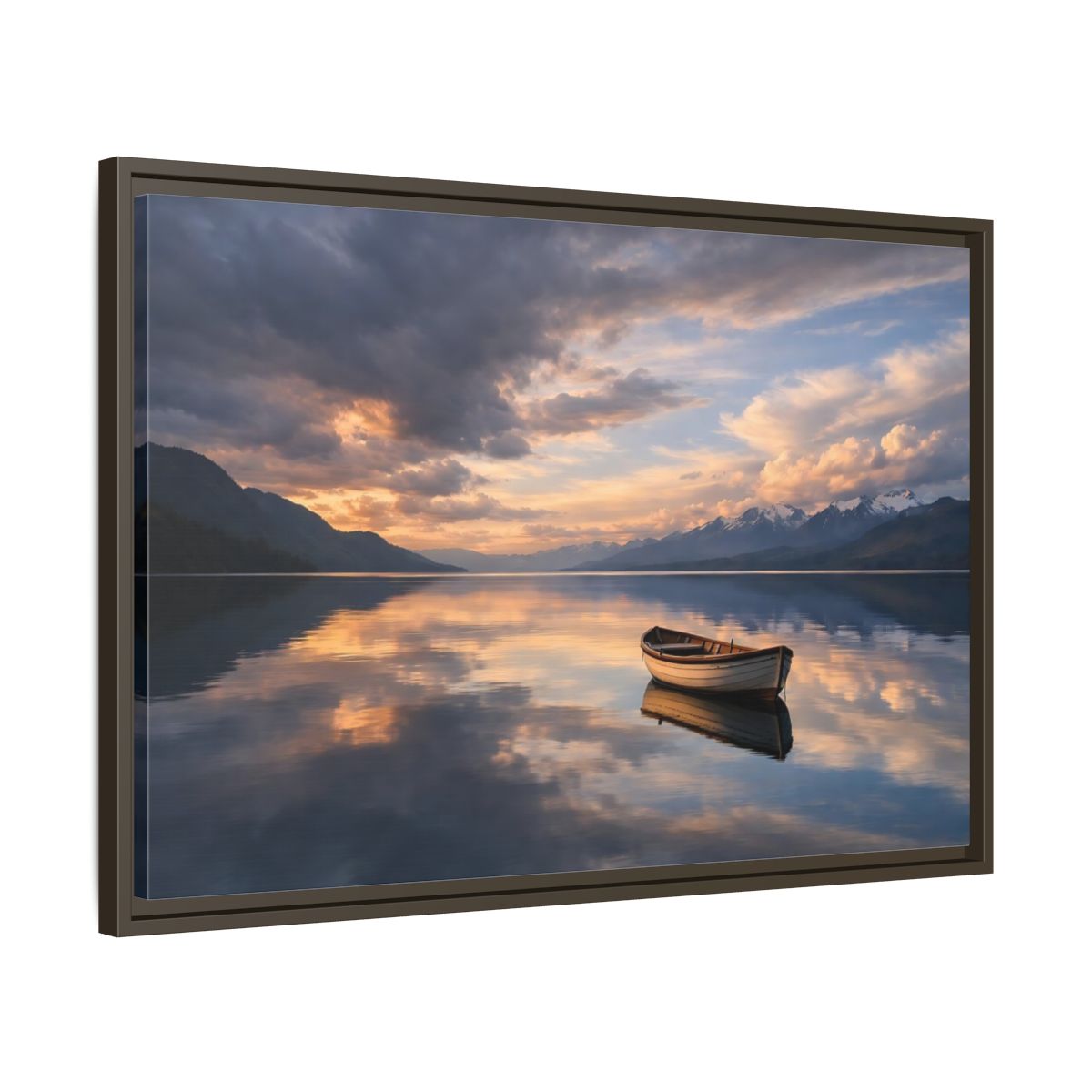 Side Mockup 11. Nature Wooden Boat Orange And Blue Landscape shown as stretched canvas wall art