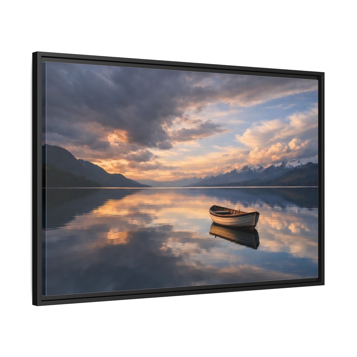 Side Mockup 13. Nature Wooden Boat Orange And Blue Landscape shown as stretched canvas wall art