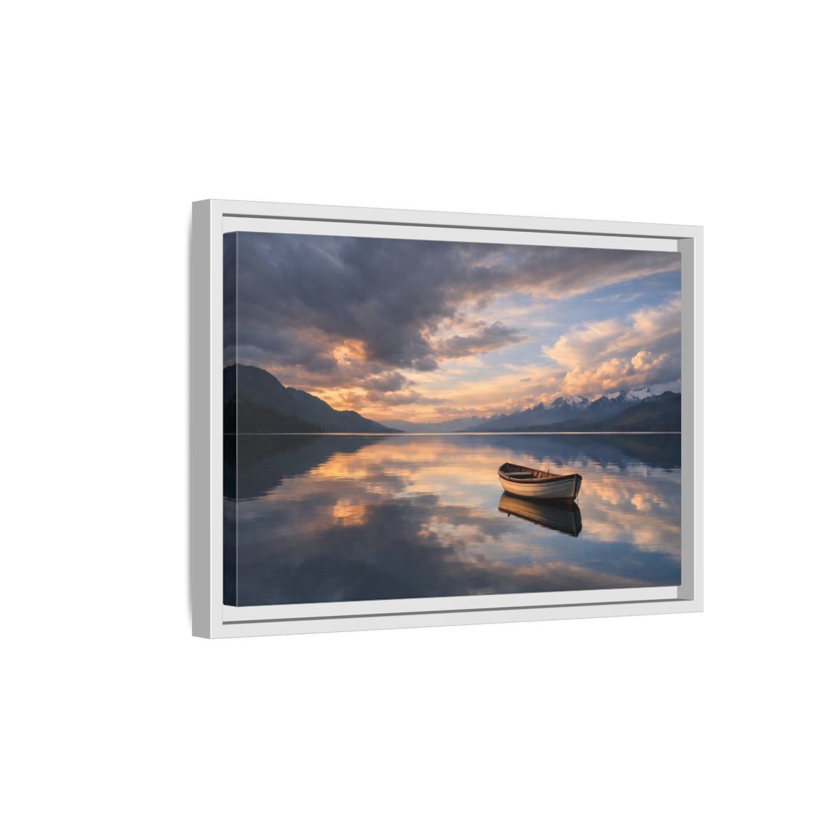 Side Mockup 4. Nature Wooden Boat Orange And Blue Landscape shown as stretched canvas wall art