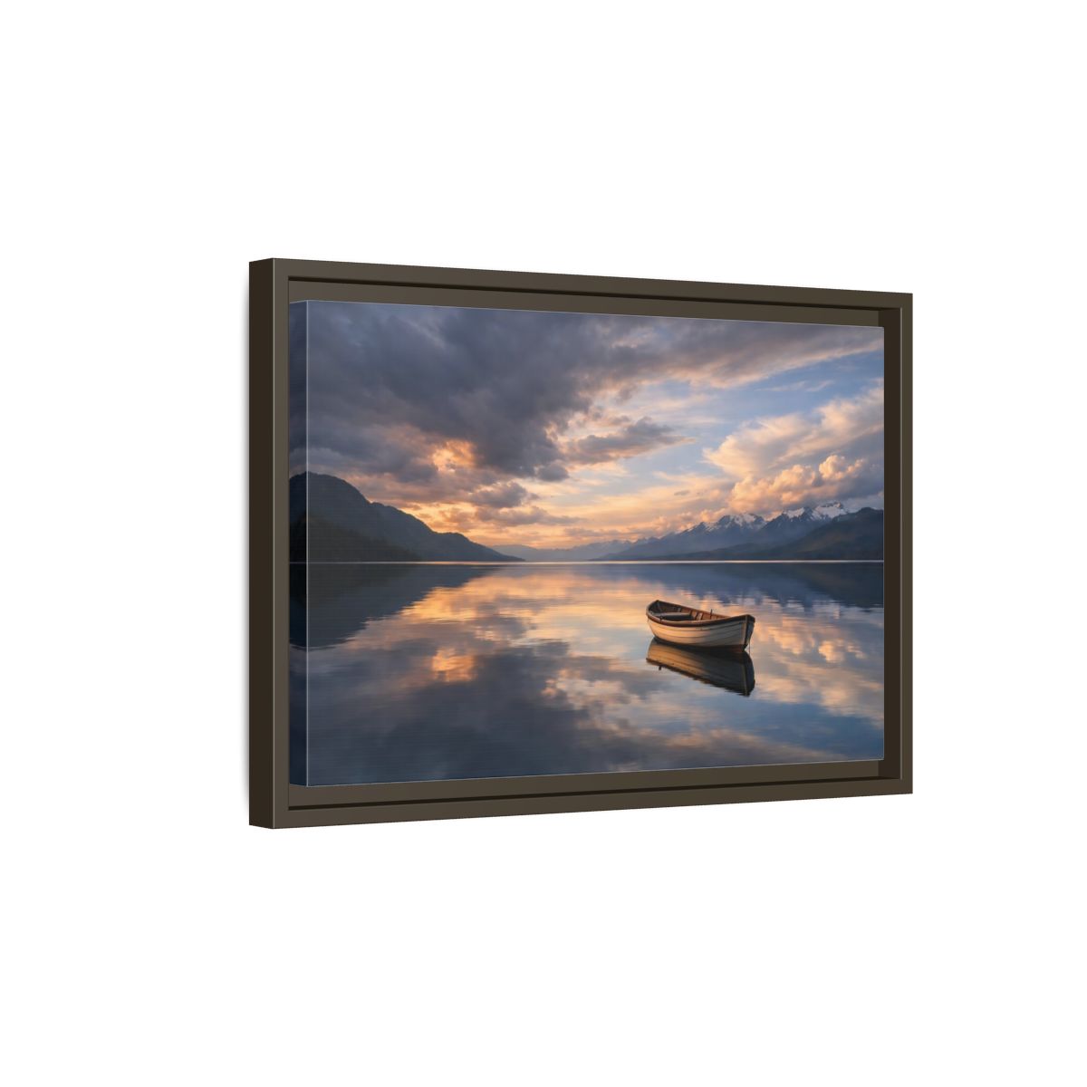 Side Mockup 5. Nature Wooden Boat Orange And Blue Landscape shown as stretched canvas wall art