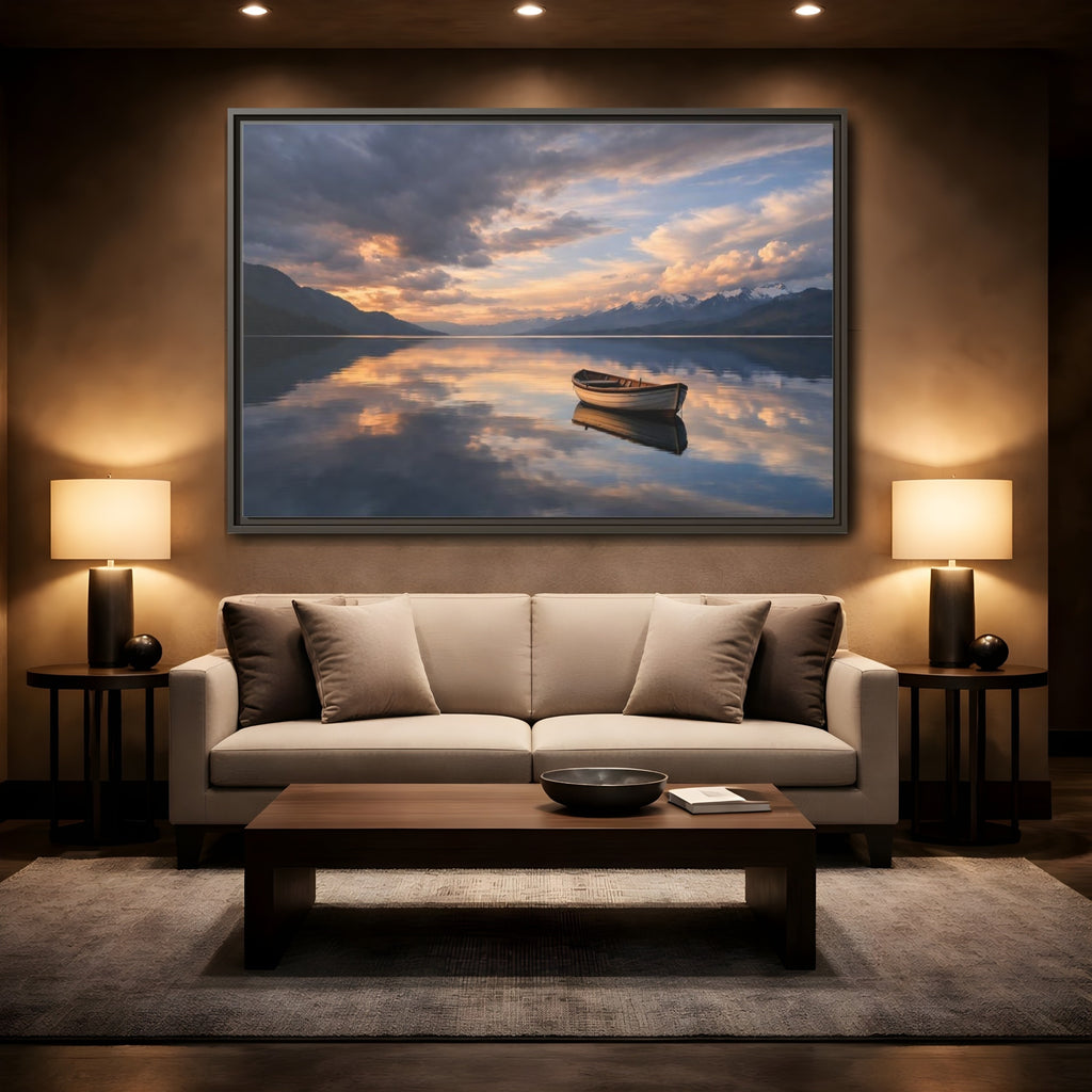Mockup 2. Nature Wooden Boat Orange And Blue Landscape shown as stretched canvas wall art