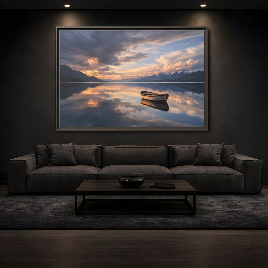 Mockup 3. Nature Wooden Boat Orange And Blue Landscape shown as stretched canvas wall art